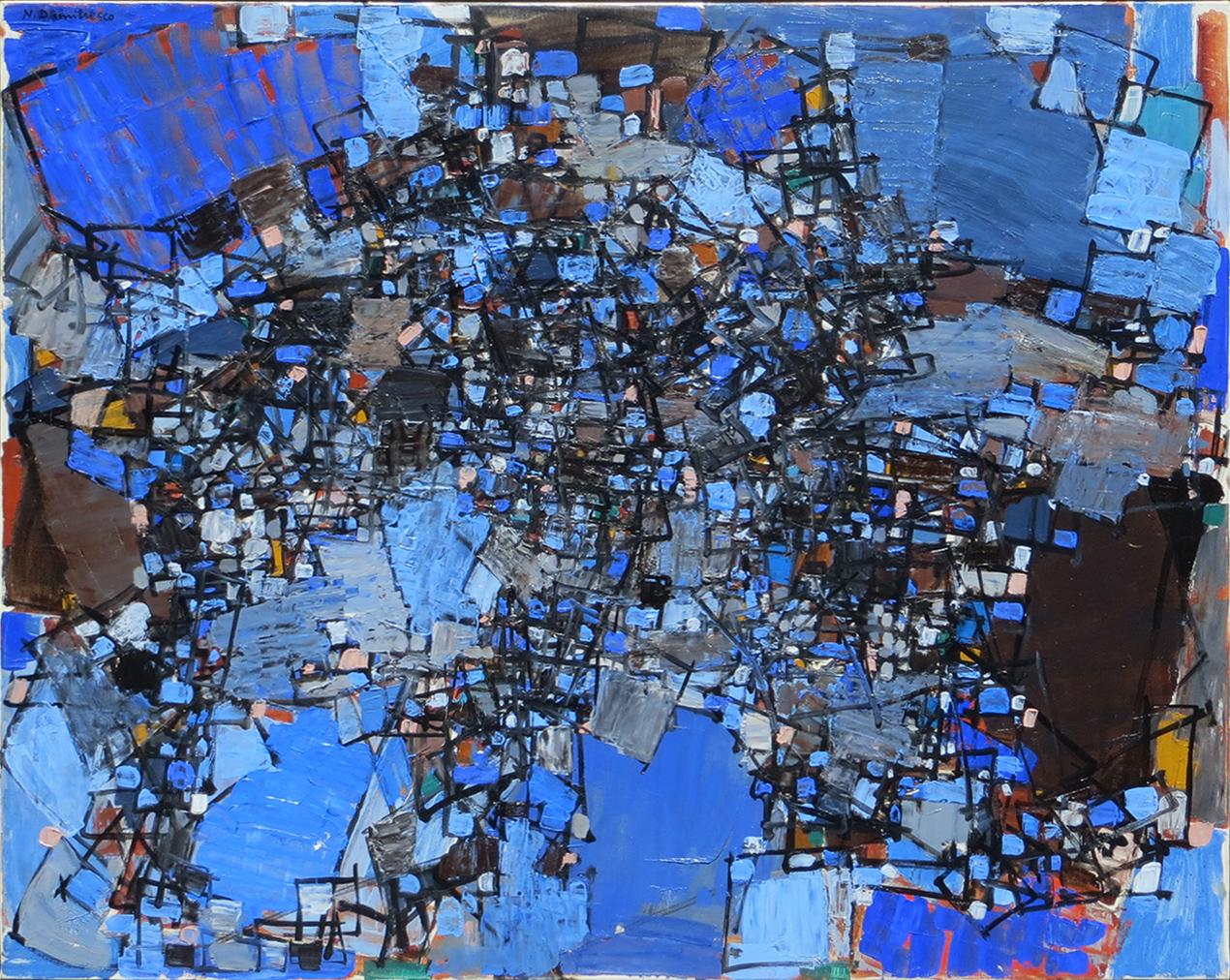 This is a horizontal abstract oil painting in deep blues and blacks.  It is indicative of Dumitresco's Post-War style of abstraction using modulations of a somewhat geometric framework. It is signed by the artist on the upper left and is framed in a