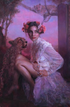 Wild Rose Painting of Regal Girl, Signed, Unframed 36x24 Inches