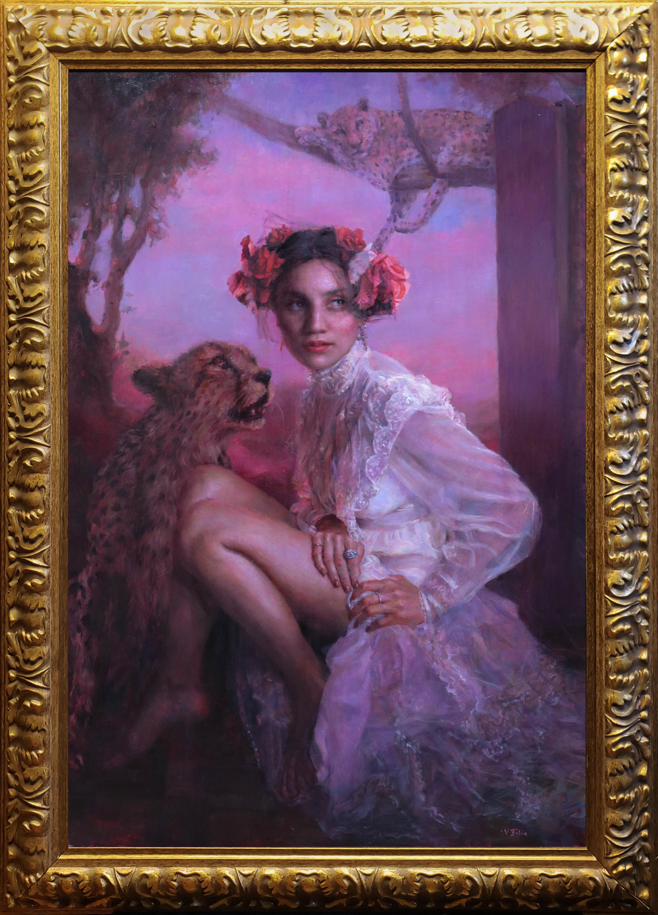 Natalia Fabia Figurative Painting - Wild Rose Painting of Regal Girl, Signed, Unframed 36x24 Inches