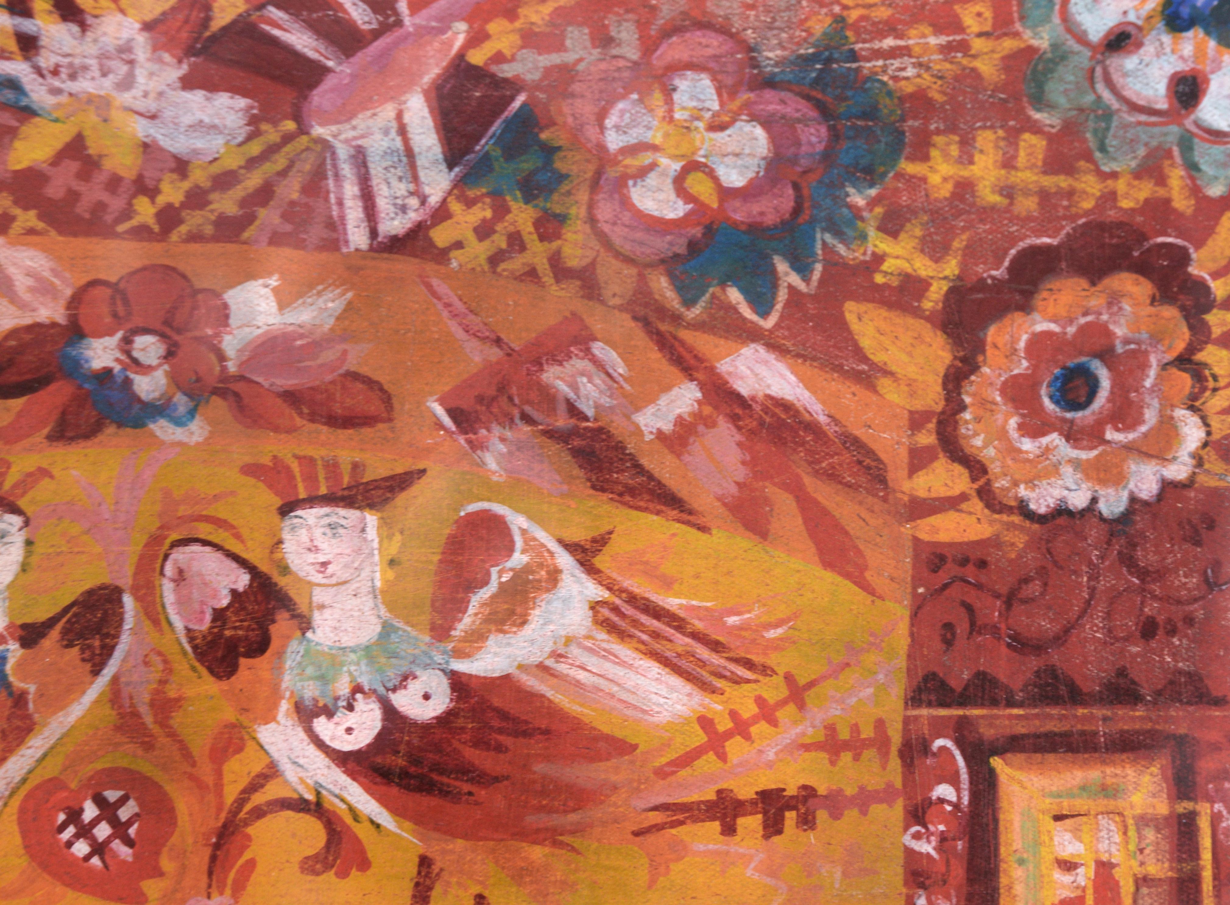 Vibrante escenografía de la artista rusa Natalia Gontcharova (1881-1962). Dos figuras angelicales son el foco central de esta pieza, pero el resto del conjunto está cargado de detalles, como flores, plantas y motivos. El precio máximo de subasta de