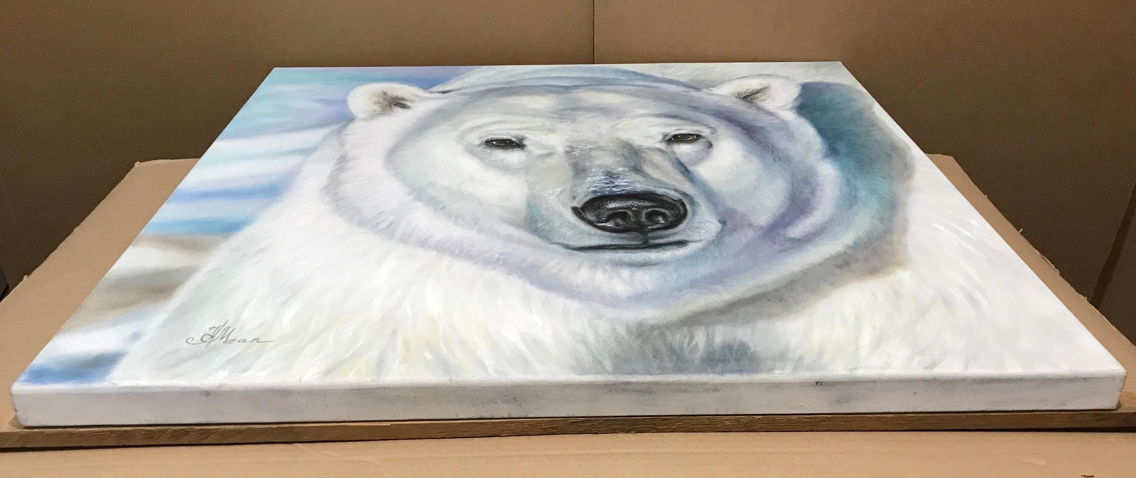 Eisbär. Tier, direkter Blick, Realismus, Großformat, Weiß- und Blautöne 6