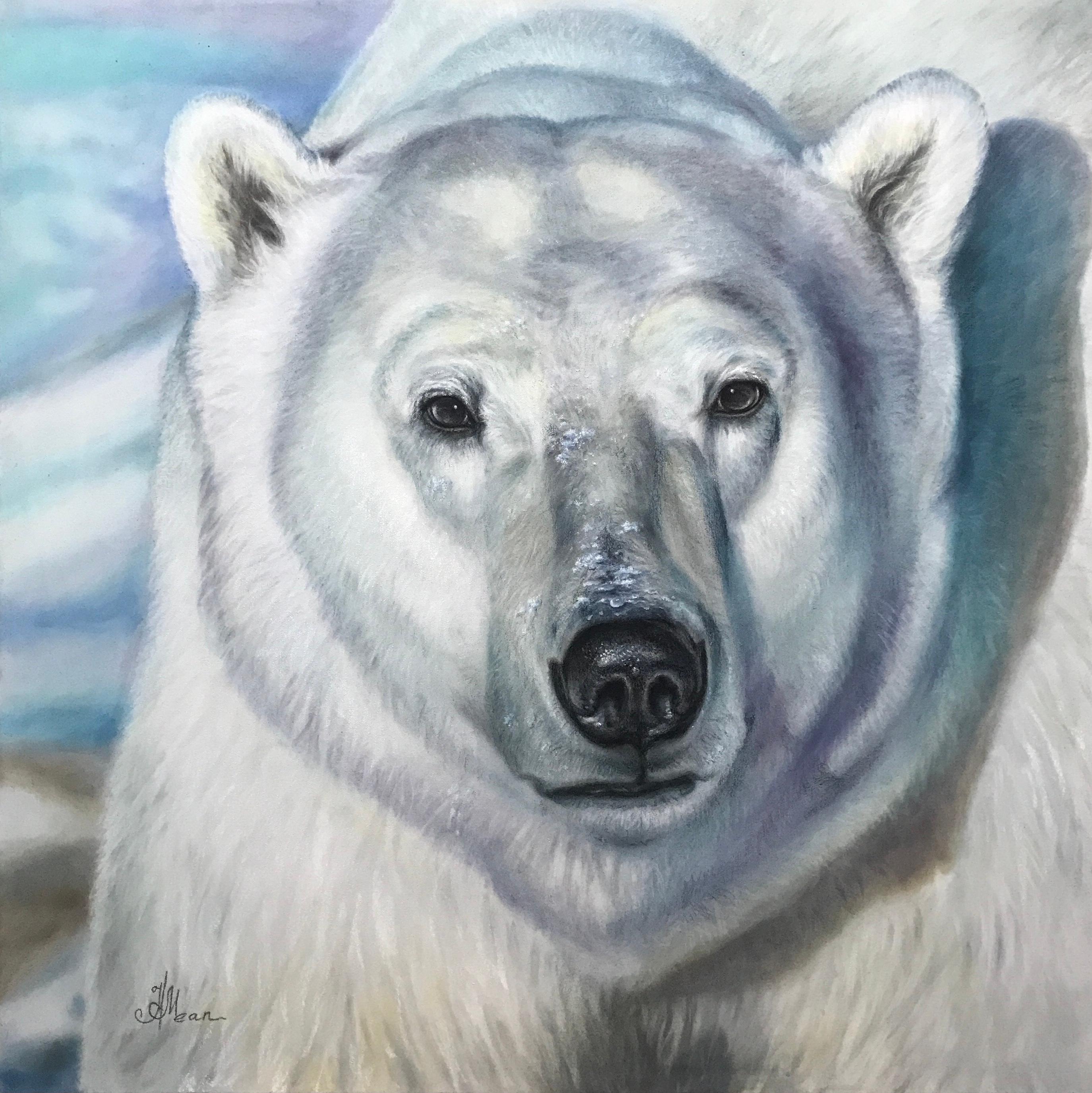 Natalia Jean-Molodtsova Animal Painting – Eisbär. Tier, direkter Blick, Realismus, Großformat, Weiß- und Blautöne
