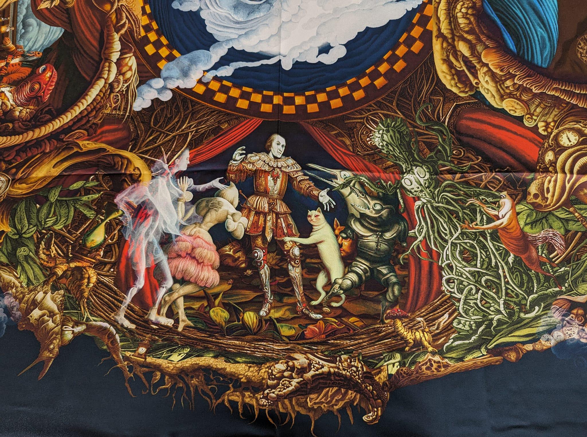La obra está impresa en seda y es de edición limitada.

¿Vagaremos por reinos surrealistas?
Donde se cuentan los cuentos de Shakespeare a la luz de la luna.
La noche de San Juan, donde las hadas brincan,
Con el humor de Falstaff en alegre