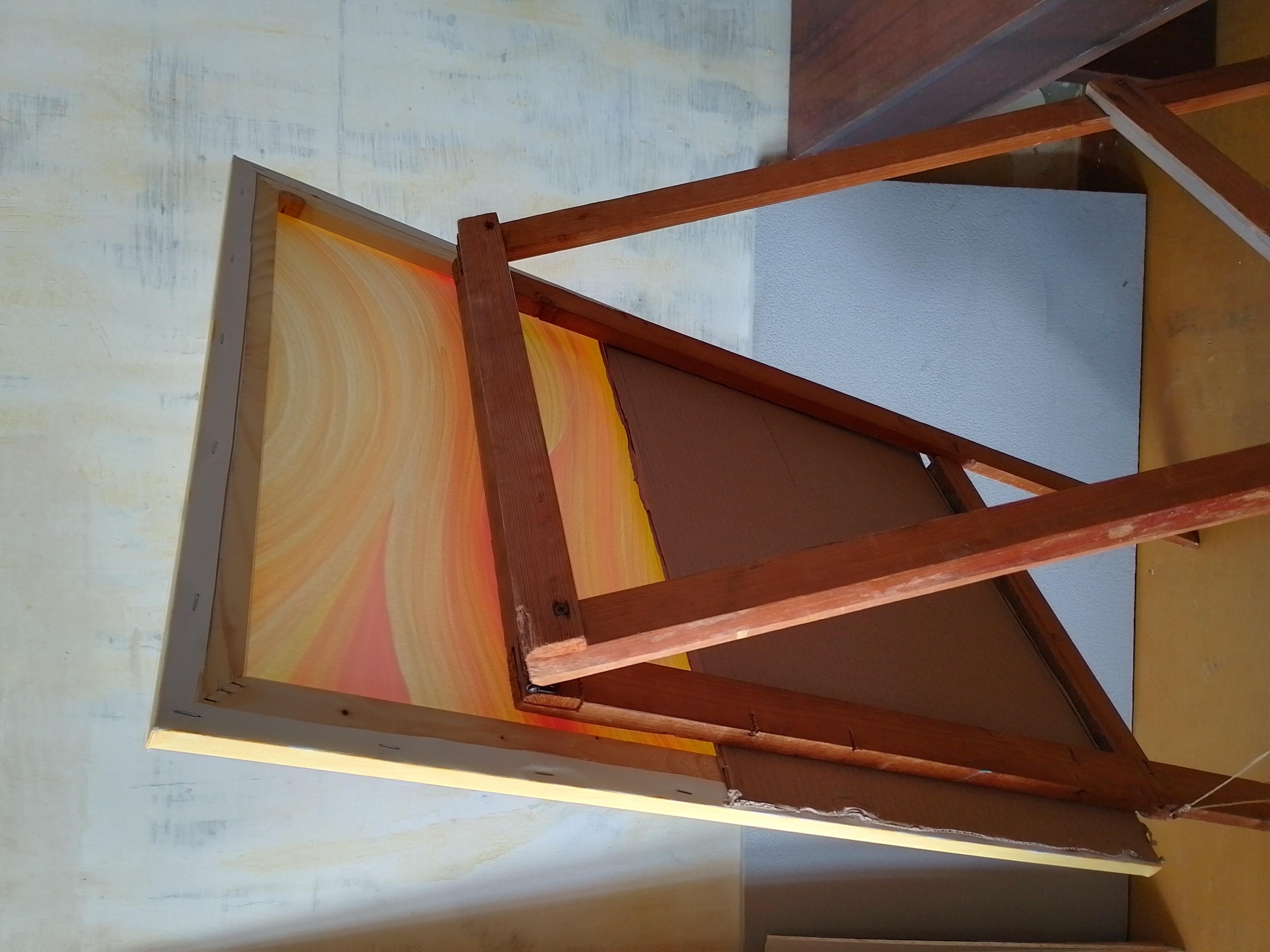 This oil painting on canvas is an abstract composition made with smooth wavy lines and rich colors. The upper part of the canvas is filled with warm shades of yellow, orange and red, creating the effect of a shining sky, reminiscent of a sunset or