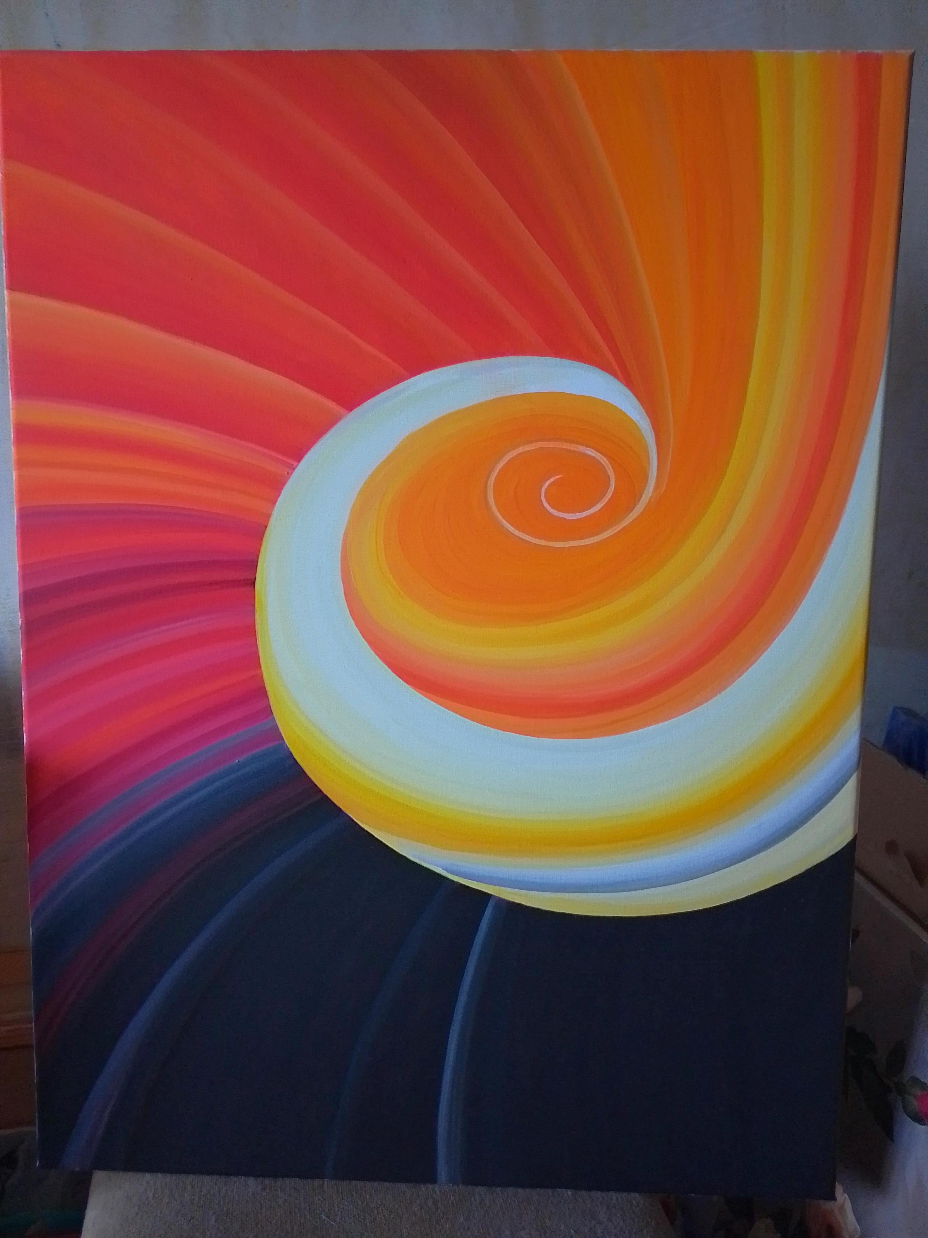 Este óleo es una abstracción vibrante y dinámica con un elemento espiral dominante. La mirada se dirige al centro de la composición, donde la espiral blanca y amarilla parece girar, creando un efecto de rotación y movimiento.

El fondo está lleno de
