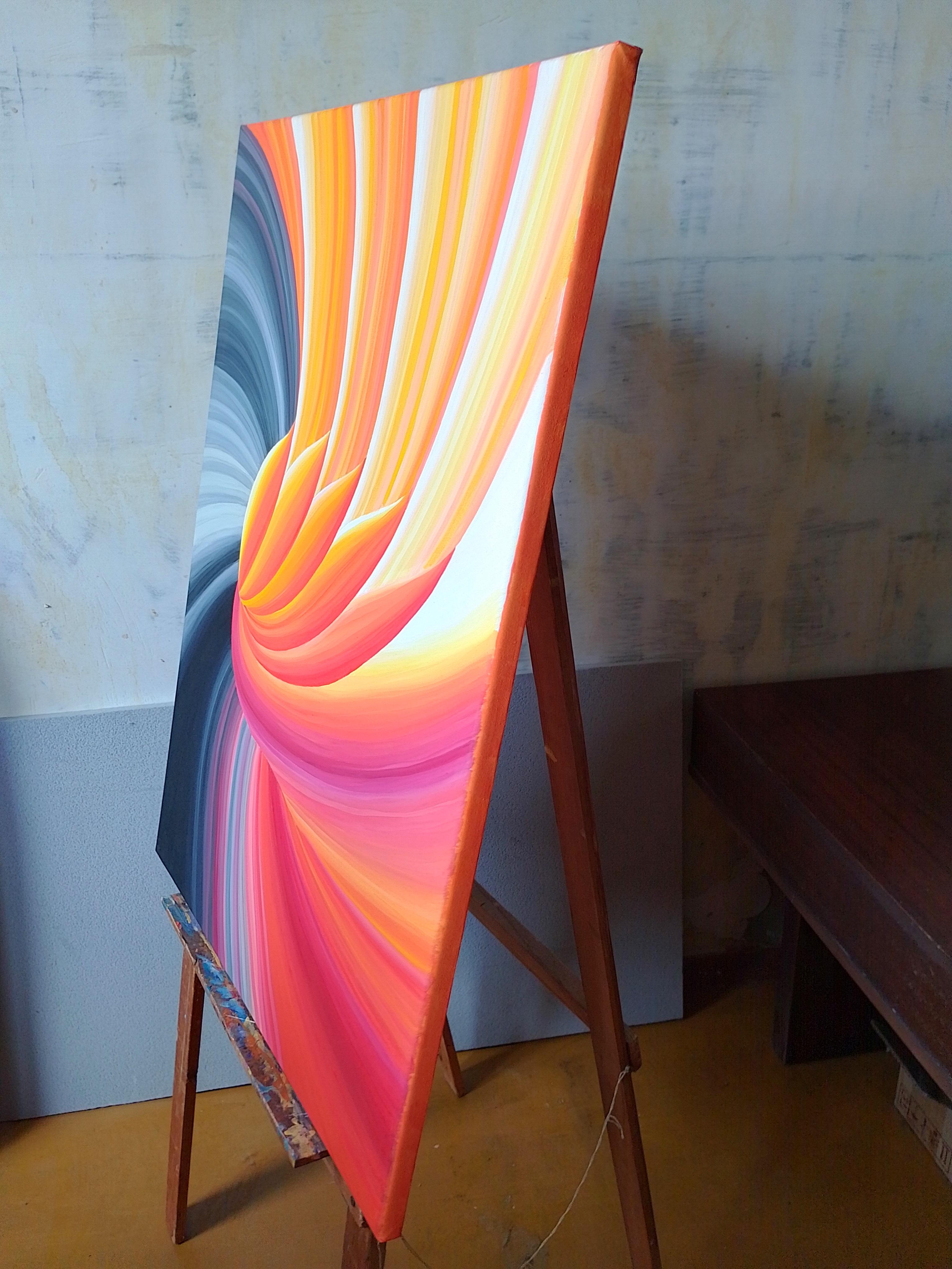 This oil painting is an expressive abstract canvas filled with dynamics and energy. The composition is based on the powerful movement of the form, twisting into a rapid whirlwind.

The color scheme of the painting is saturated with warm shades -