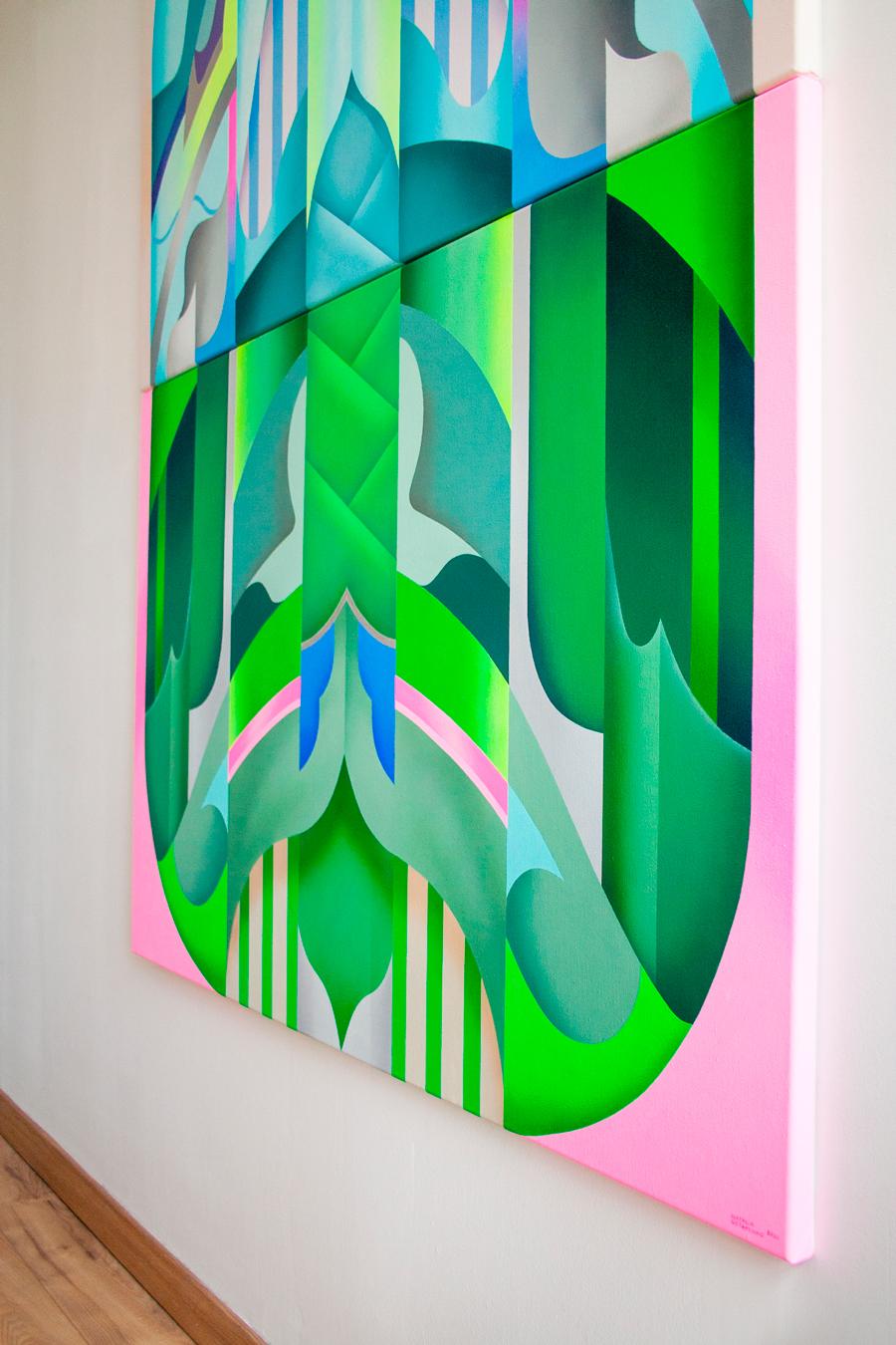 Hemispheres - Two Paneled Geometric Painting, Acrylic on Canvas, made in France - Green Interior Painting by Natalia Ostapenko