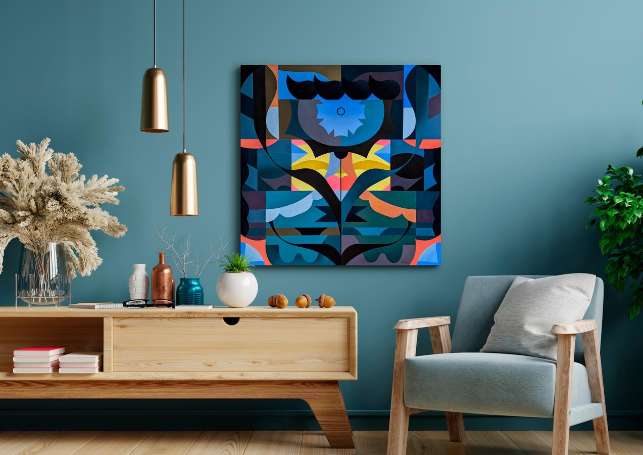 L'aurore (Dawn) - Geometric Abstract Painting, Acrylic on Canvas, made in France - Blue Interior Painting by Natalia Ostapenko