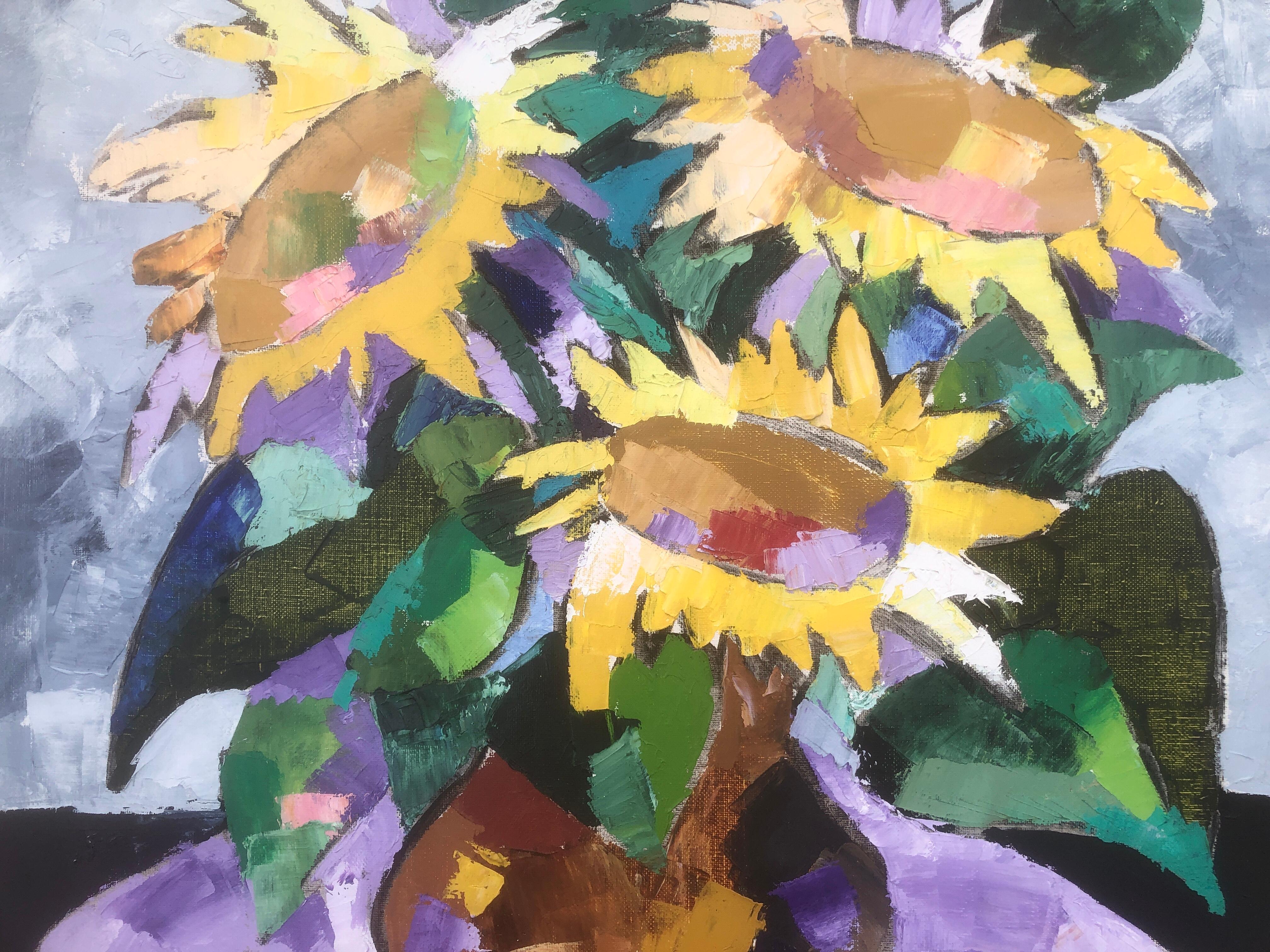 Still life of sunflowers oil on canvas painting russian artist flowers - Gray Still-Life Painting by Natalia Pankova