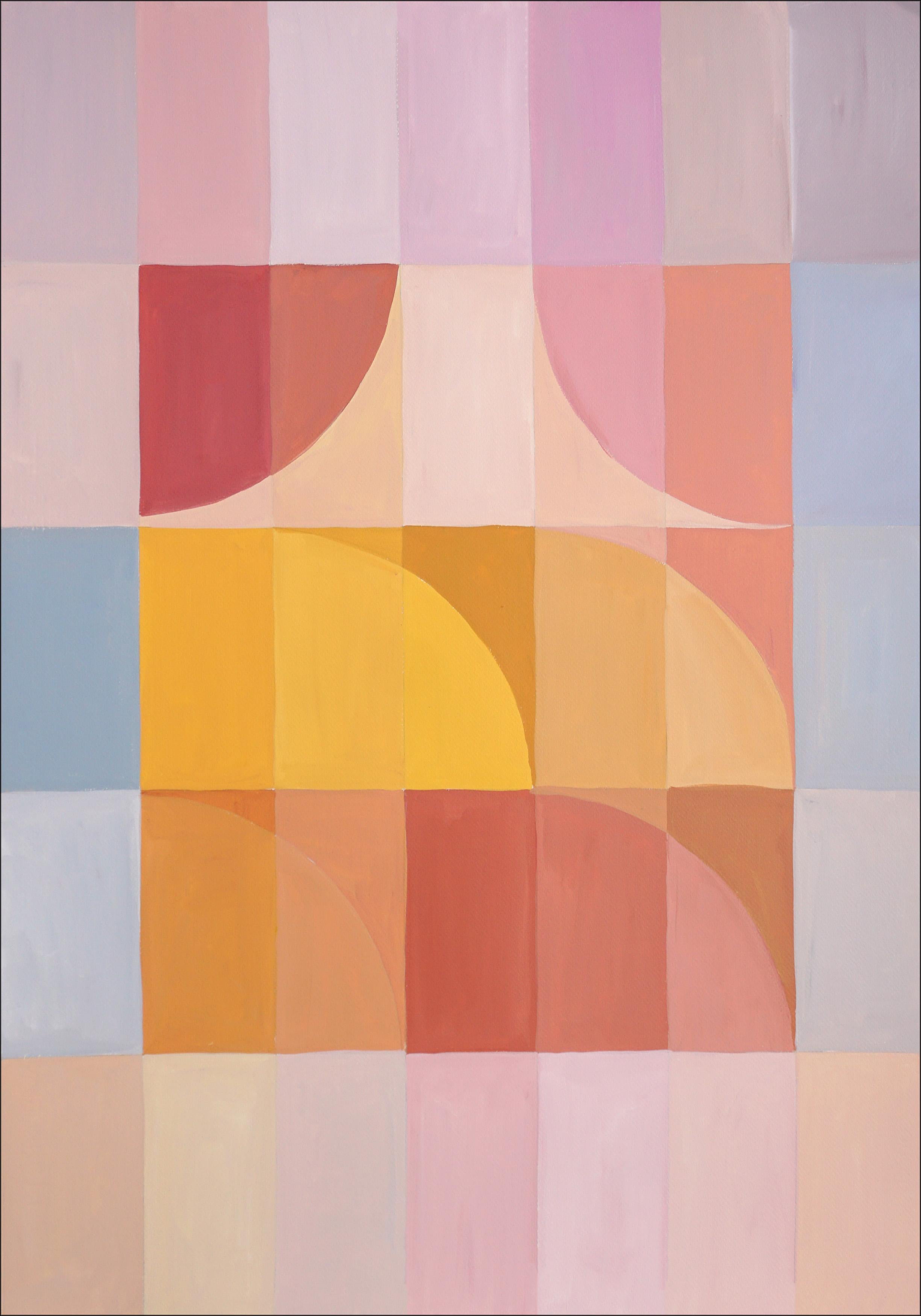 Natalia Roman Landscape Painting - Abstract Body Through Window, Bauhaus Pattern Grid, Sandy Tones, Pale Pink  