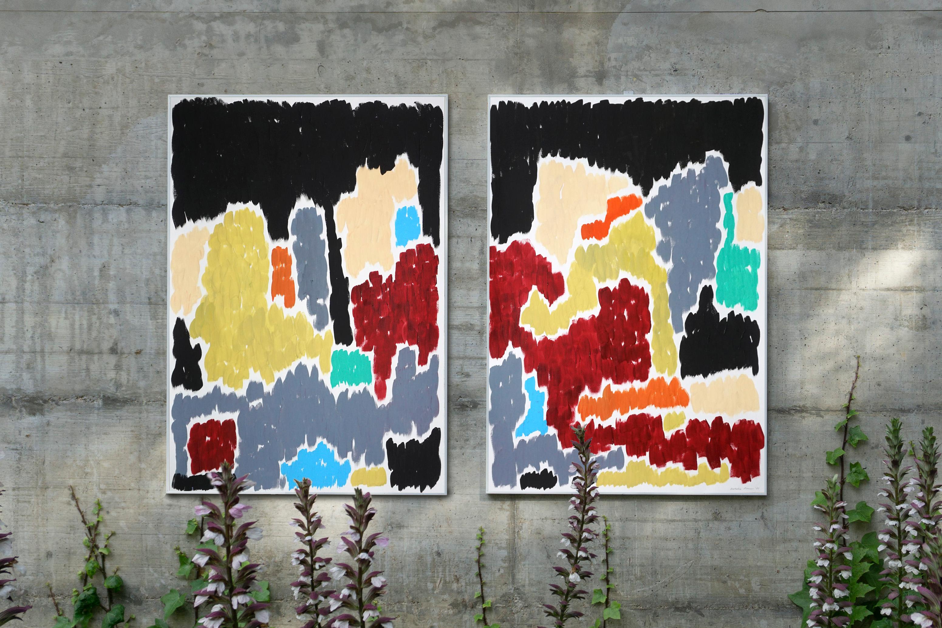 Abstraktes botanisches Art-Déco-Gemälde Diptychon mit dunklen Blumenfeldern, Papier (Abstrakter Impressionismus), Painting, von Natalia Roman