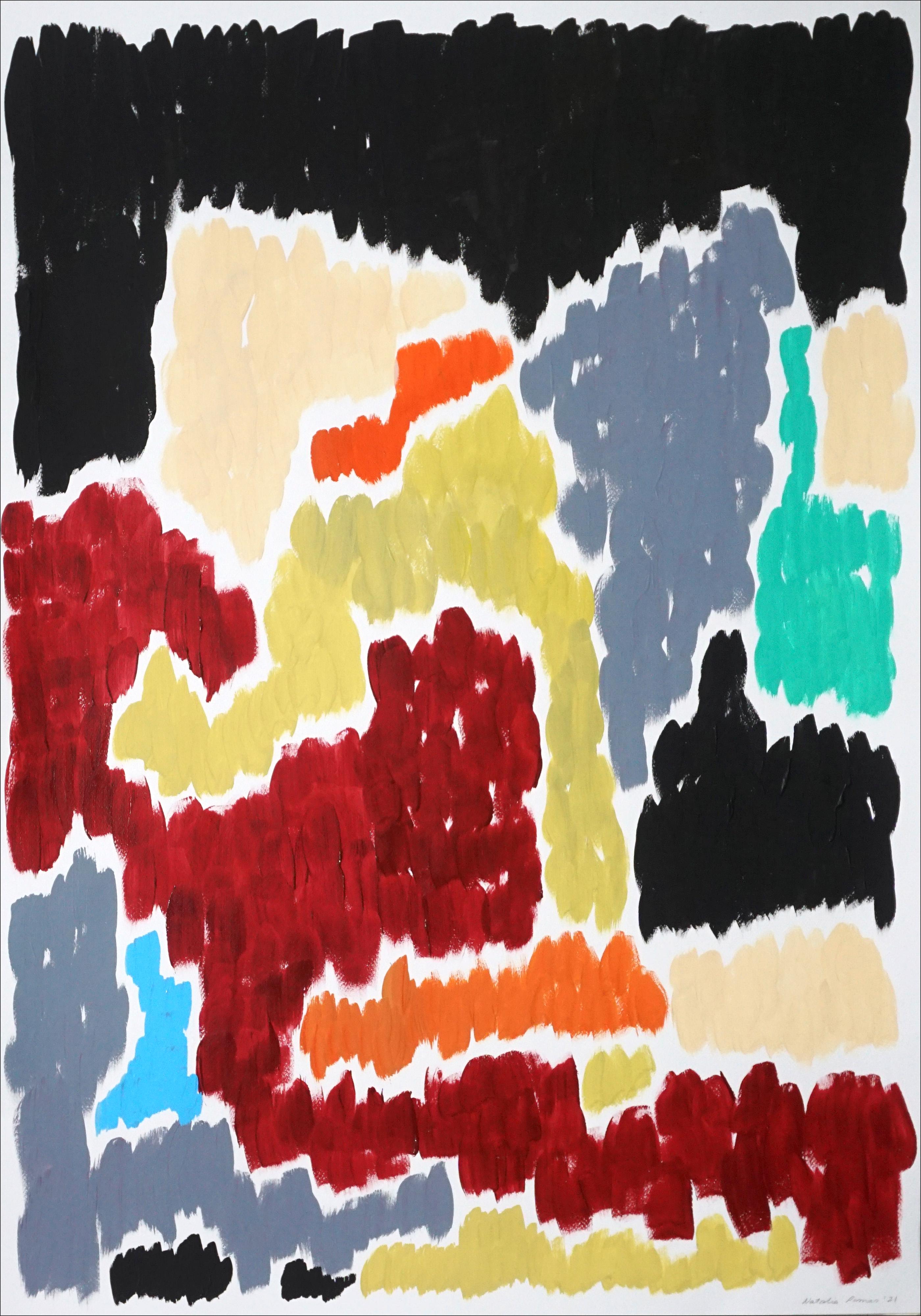 Diptyque de peinture Art déco abstraite représentant des champs de fleurs noires, papier - Beige Abstract Painting par Natalia Roman