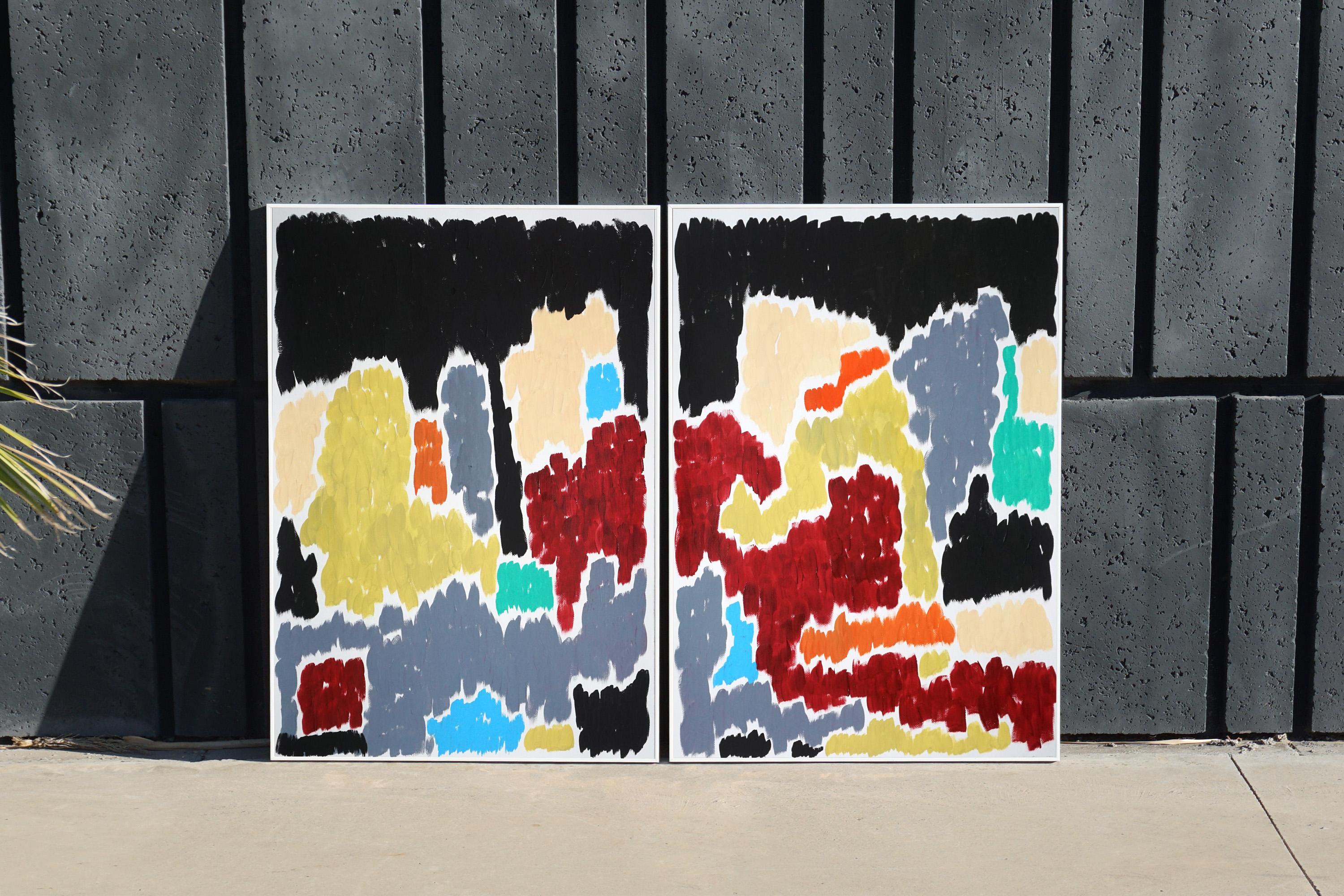 Art Deco Diptych Painting, Impressionist Flower Field in Red and Black, Paper 3