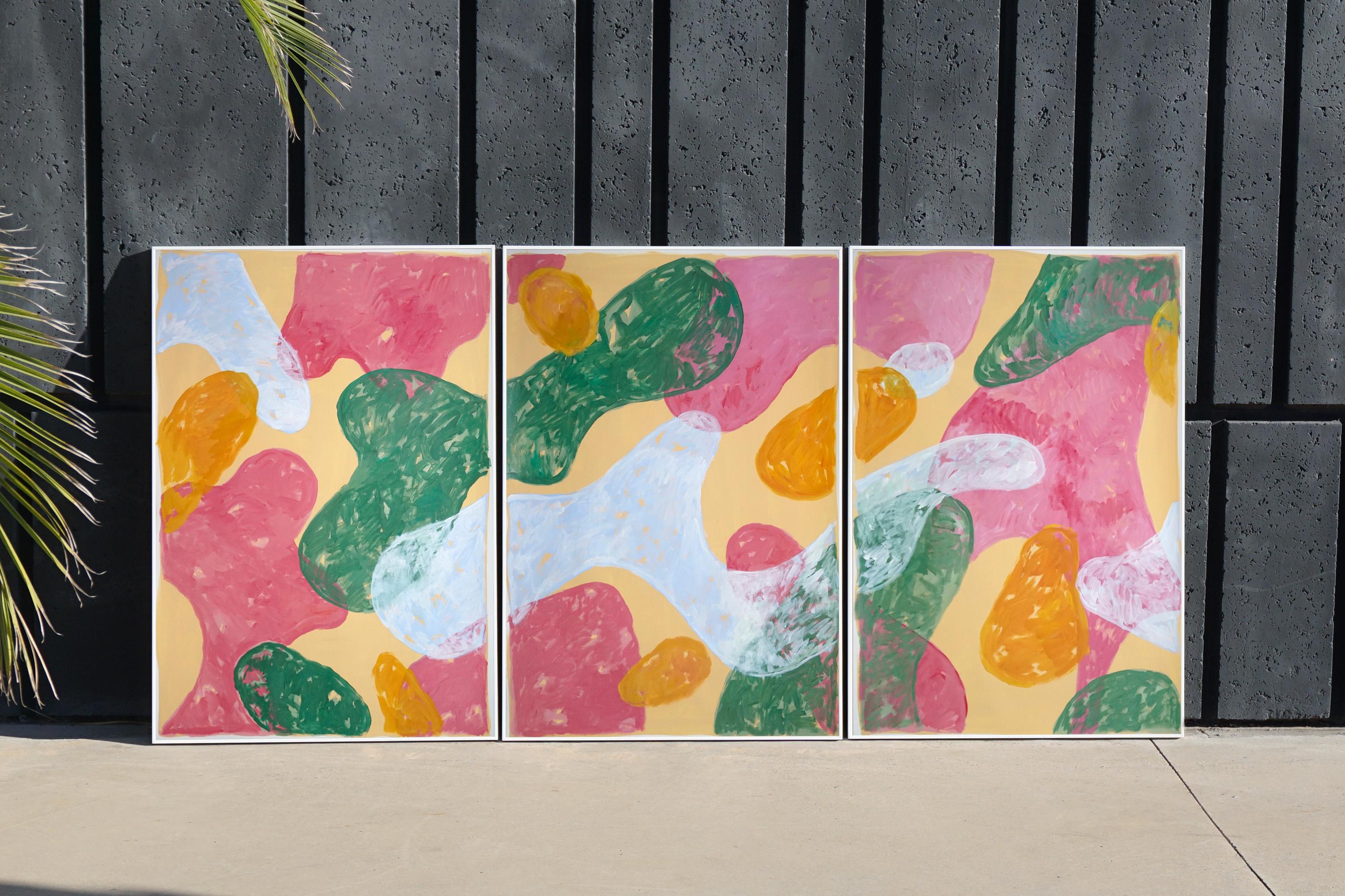 Abstract Botanical Triptych,  Pink, Green, Large Pastel Flourish Shapes on Beige - Painting by Natalia Roman