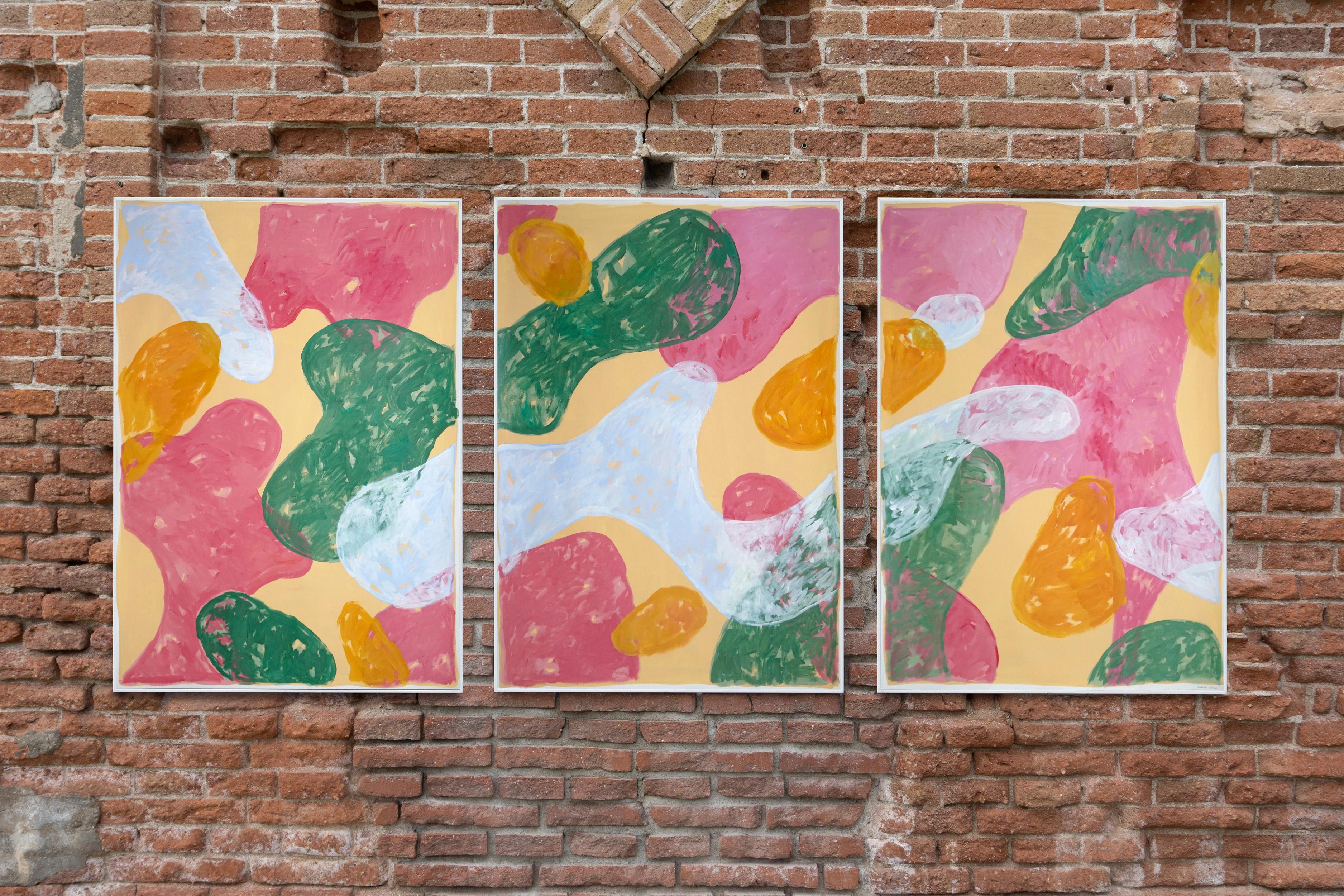 Abstract Botanical Triptych,  Pink, Green, Large Pastel Flourish Shapes on Beige 1