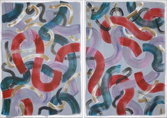 Abstract Diptych of Urban Layered Curves, Red, Purple and Turquoise Brushstrokes