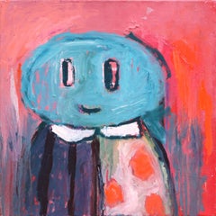 Abstract Expressionist Emoji of Blue Face on Pink, Naif Portrait, Vivid Colors
