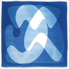 Abstract Icons and Modern Shapes, Blue, White, Squared Handmade Cutout Monotype
