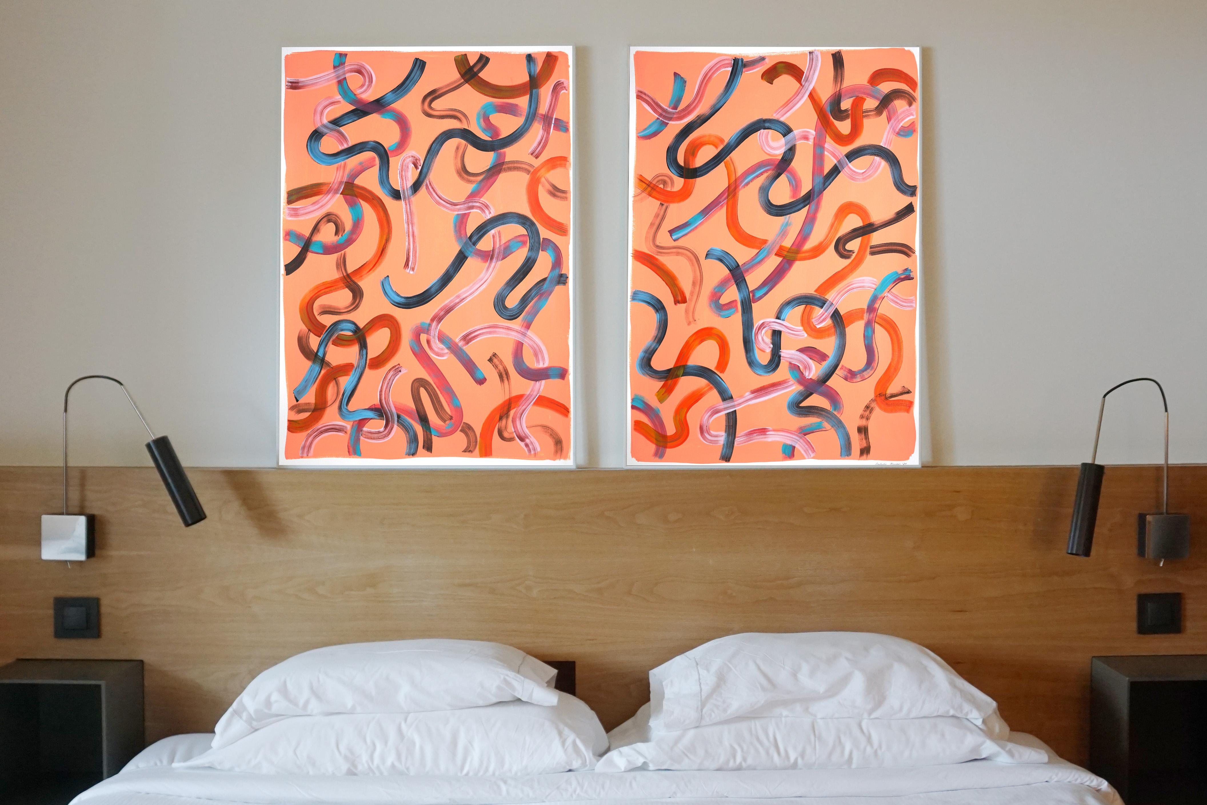 Abstract Diptych of Pastel Salmon Swirls, Southwestern Style Brushstrokes, 2021 - Painting by Natalia Roman