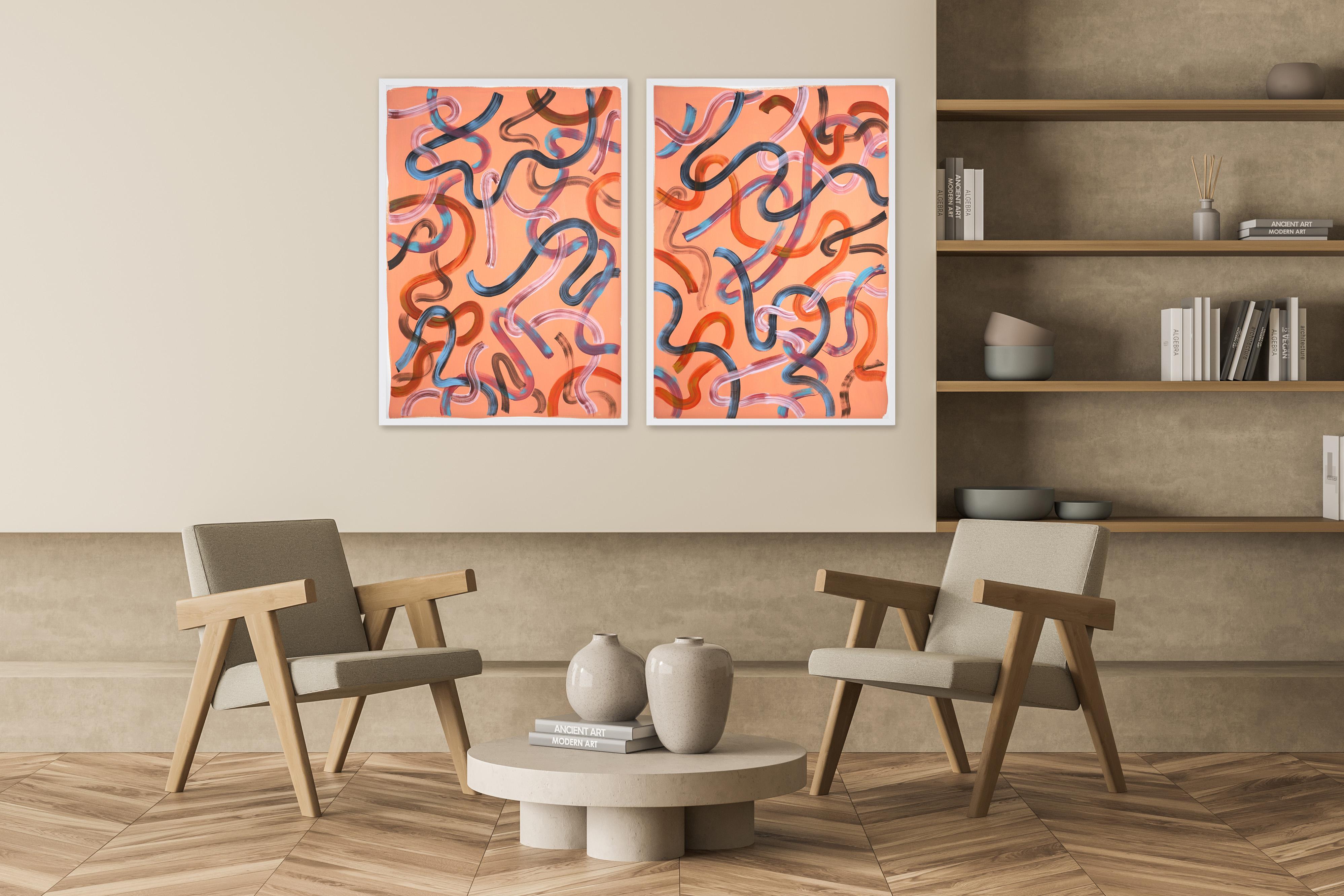 Abstract Diptych of Pastel Salmon Swirls, Southwestern Style Brushstrokes, 2021 - Orange Abstract Painting by Natalia Roman