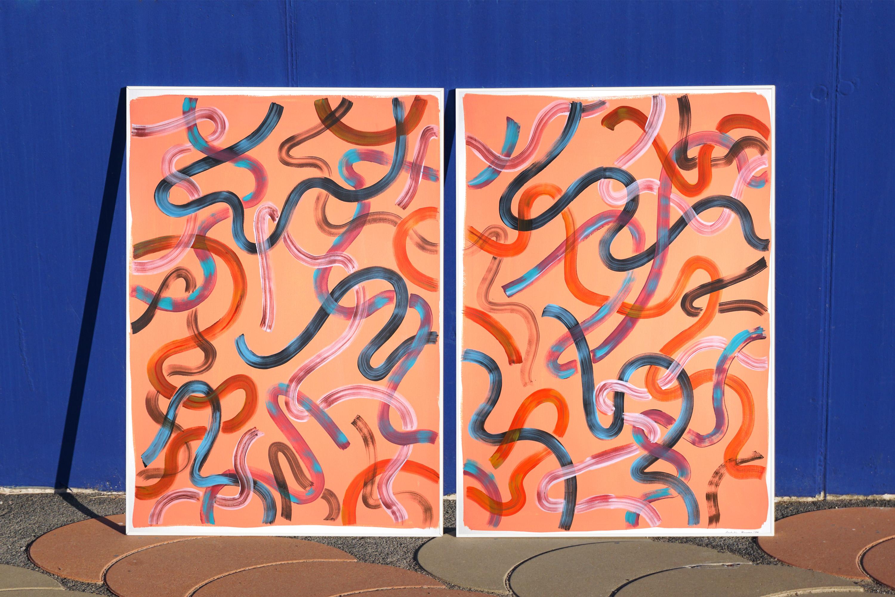 Abstract Diptych of Pastel Salmon Swirls, Southwestern Style Brushstrokes, 2021 2