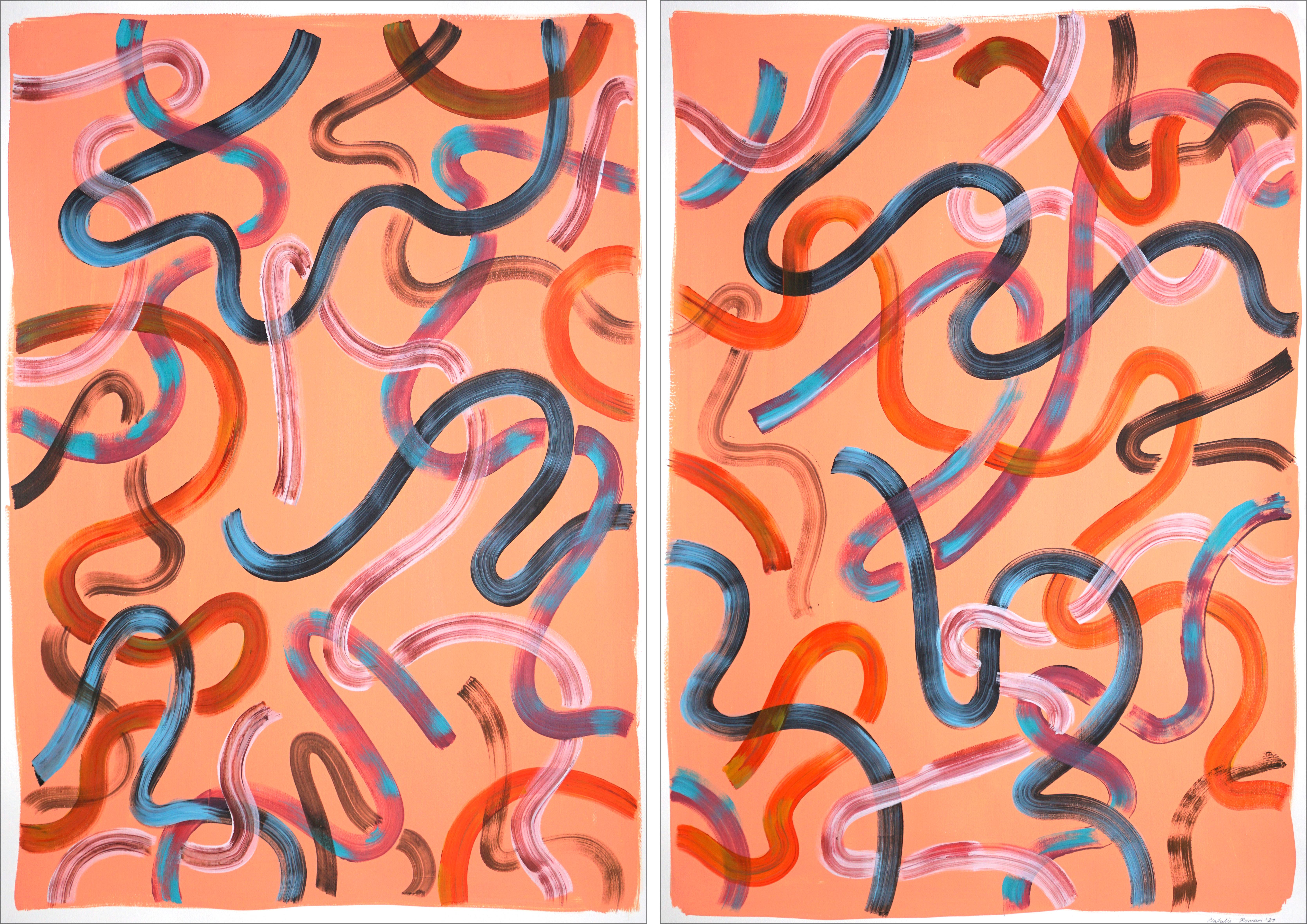 Abstract Diptych of Pastel Salmon Swirls, Southwestern Style Brushstrokes, 2021