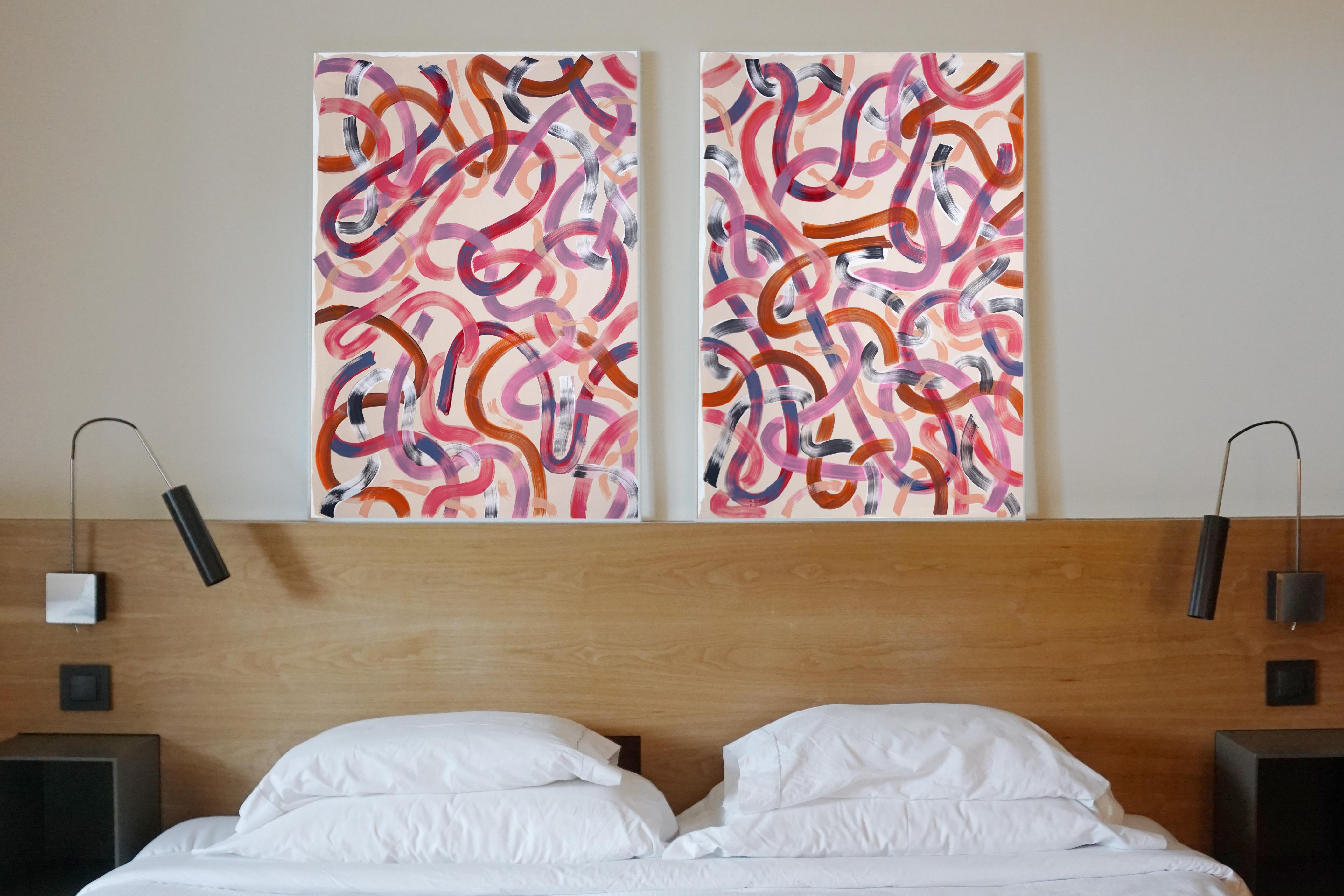 Abstract Painting Diptych of Warm Pink Ribbons, Brushstrokes Lines on Soft Pink - Brown Figurative Painting by Natalia Roman