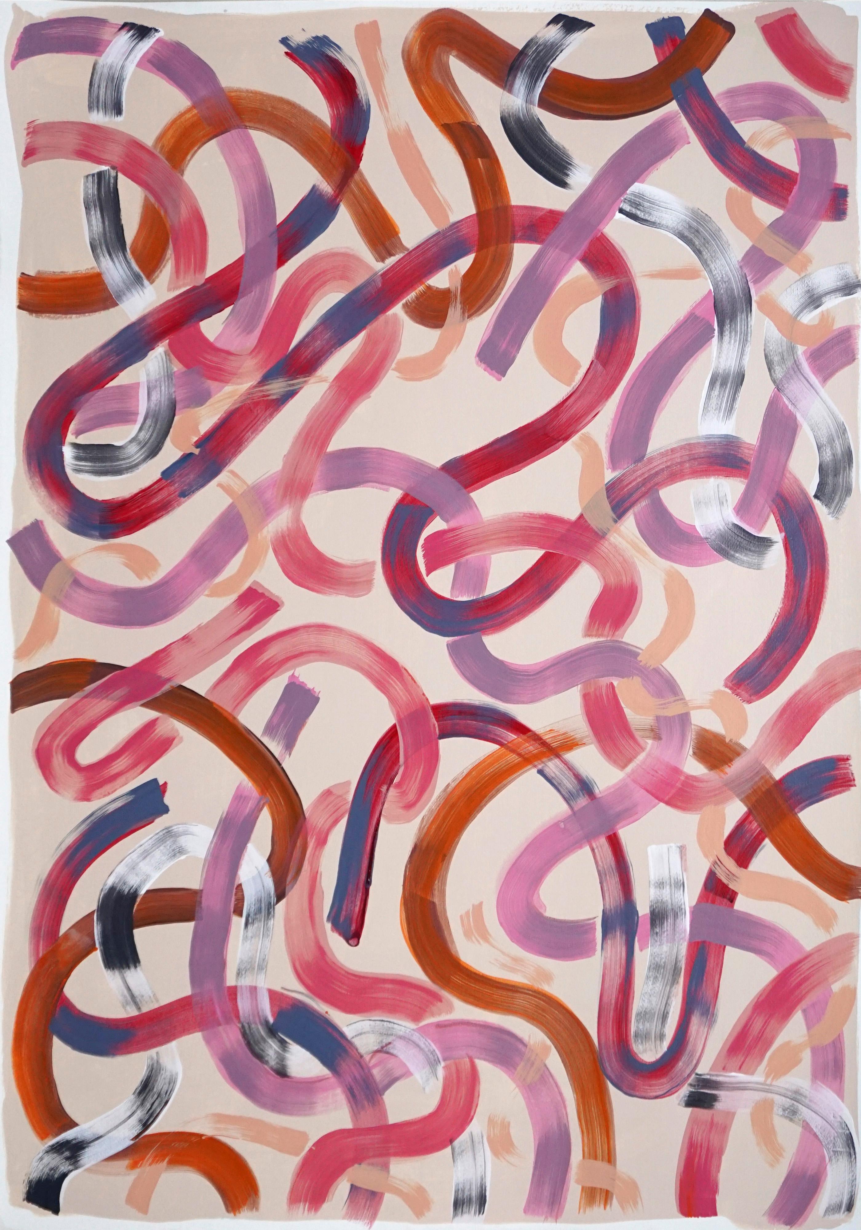 Abstract Painting Diptych of Warm Pink Ribbons, Brushstrokes Lines on Soft Pink 1