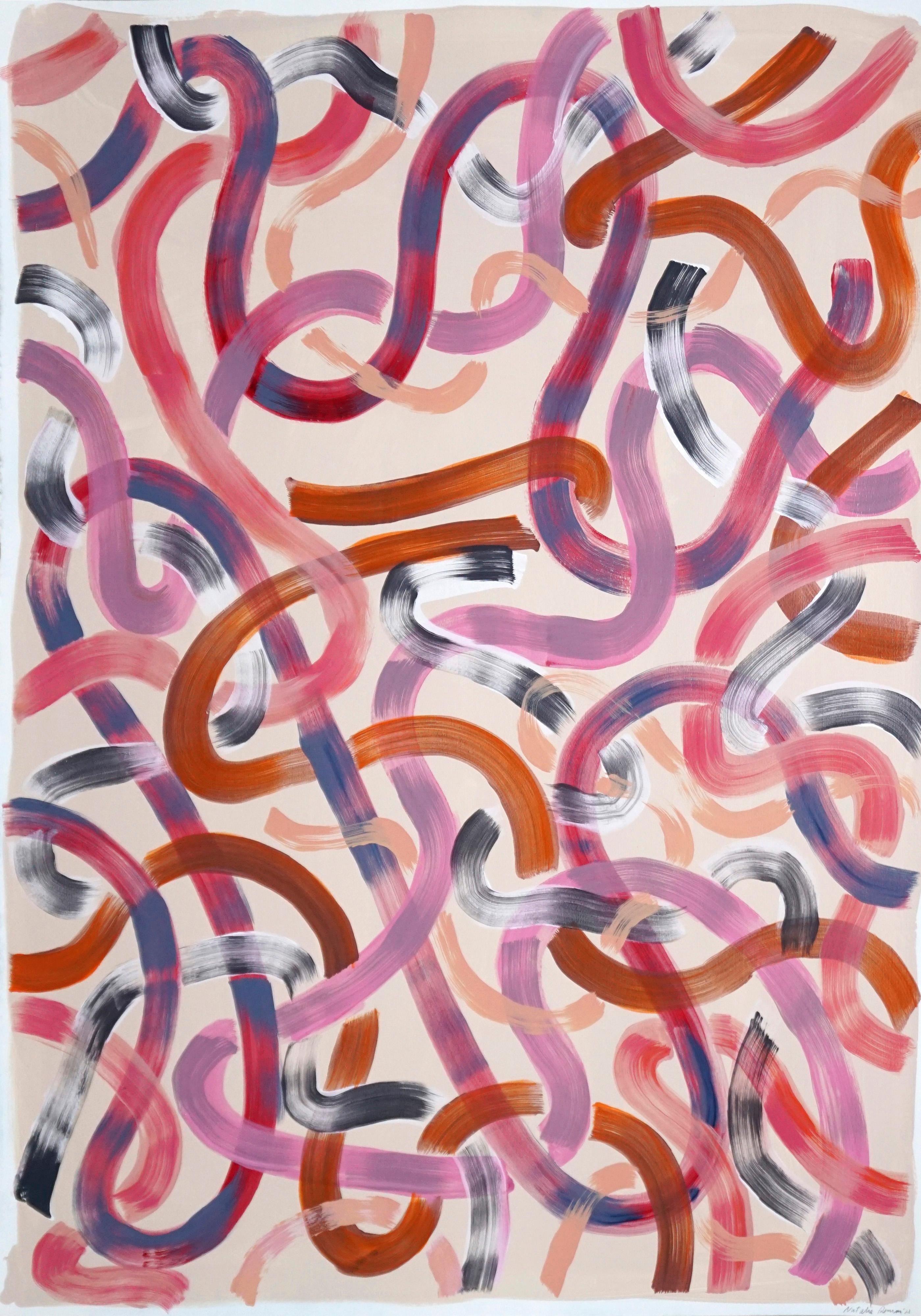 Abstract Painting Diptych of Warm Pink Ribbons, Brushstrokes Lines on Soft Pink 2