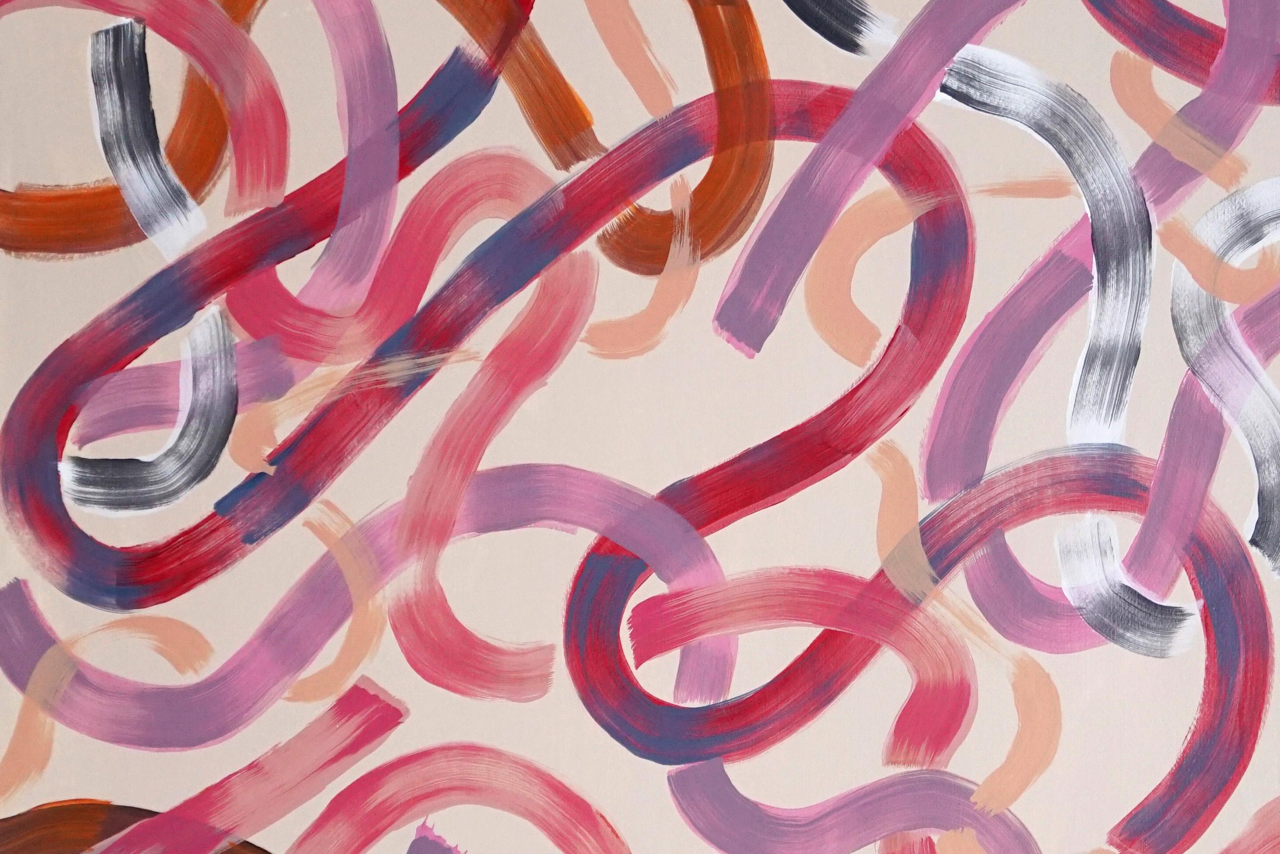 Abstract Painting Diptych of Warm Pink Ribbons, Brushstrokes Lines on Soft Pink 3