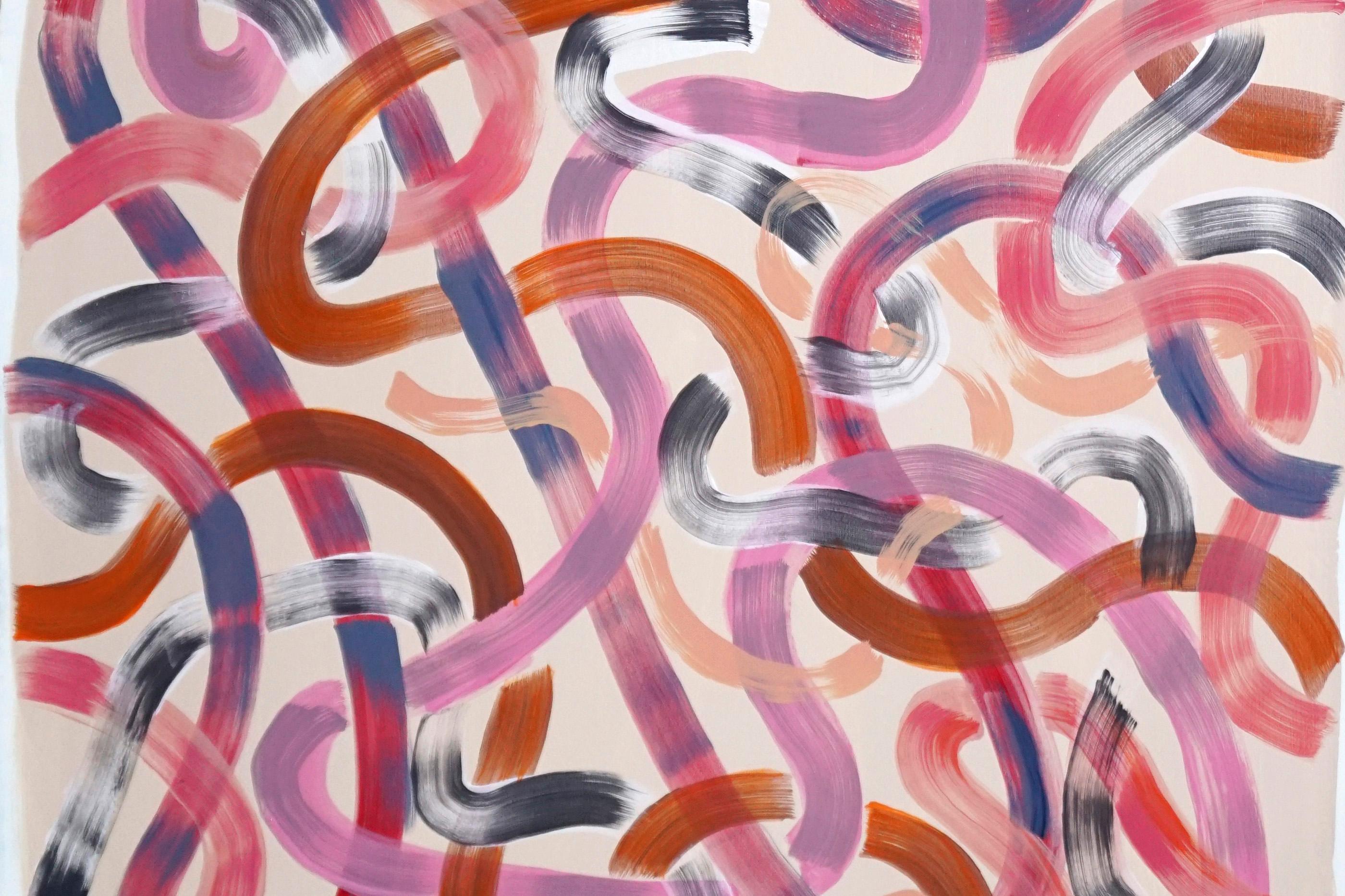 Abstract Painting Diptych of Warm Pink Ribbons, Brushstrokes Lines on Soft Pink 4