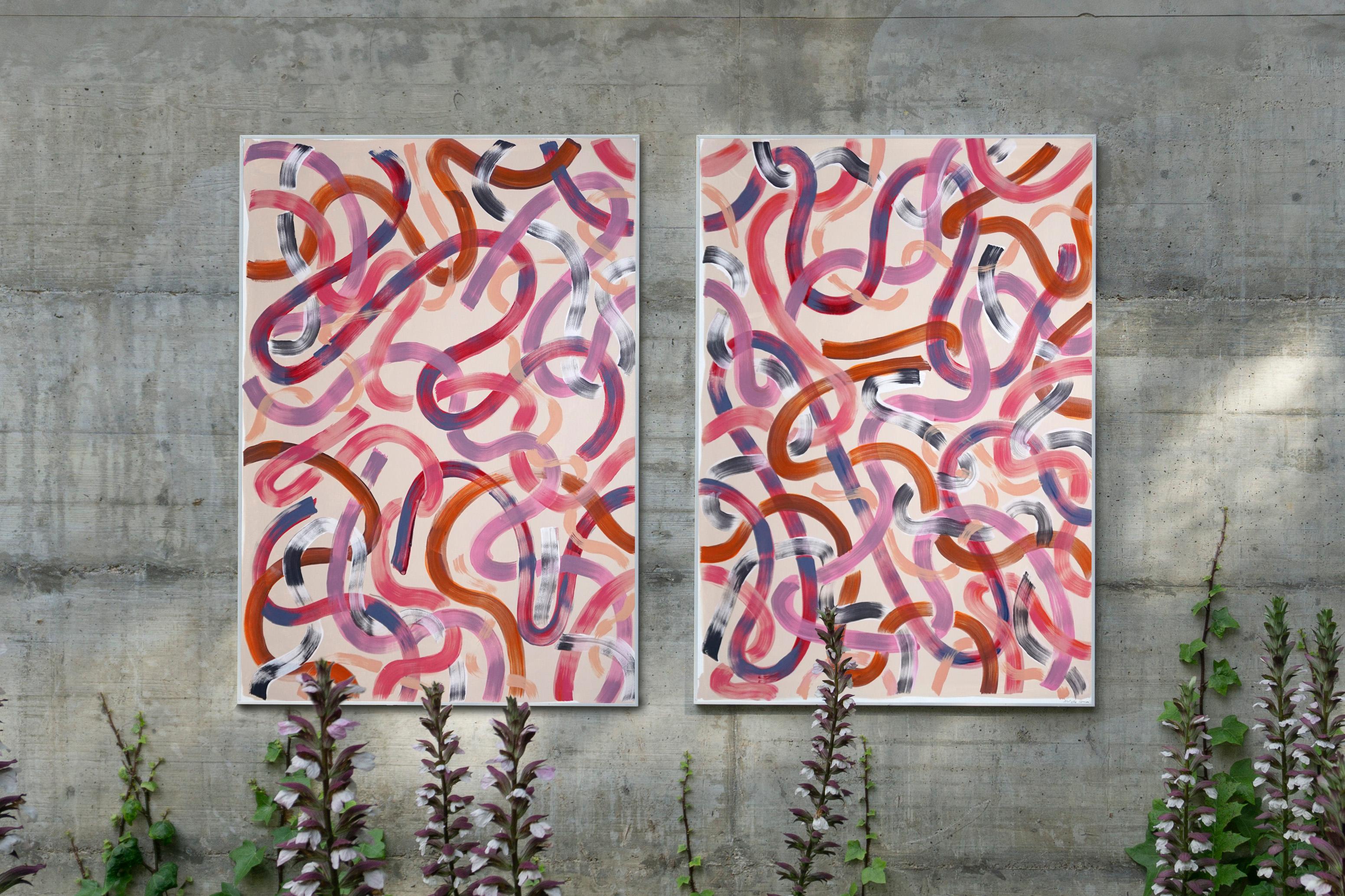 Abstract Painting Diptych of Warm Pink Ribbons, Brushstrokes Lines on Soft Pink 5