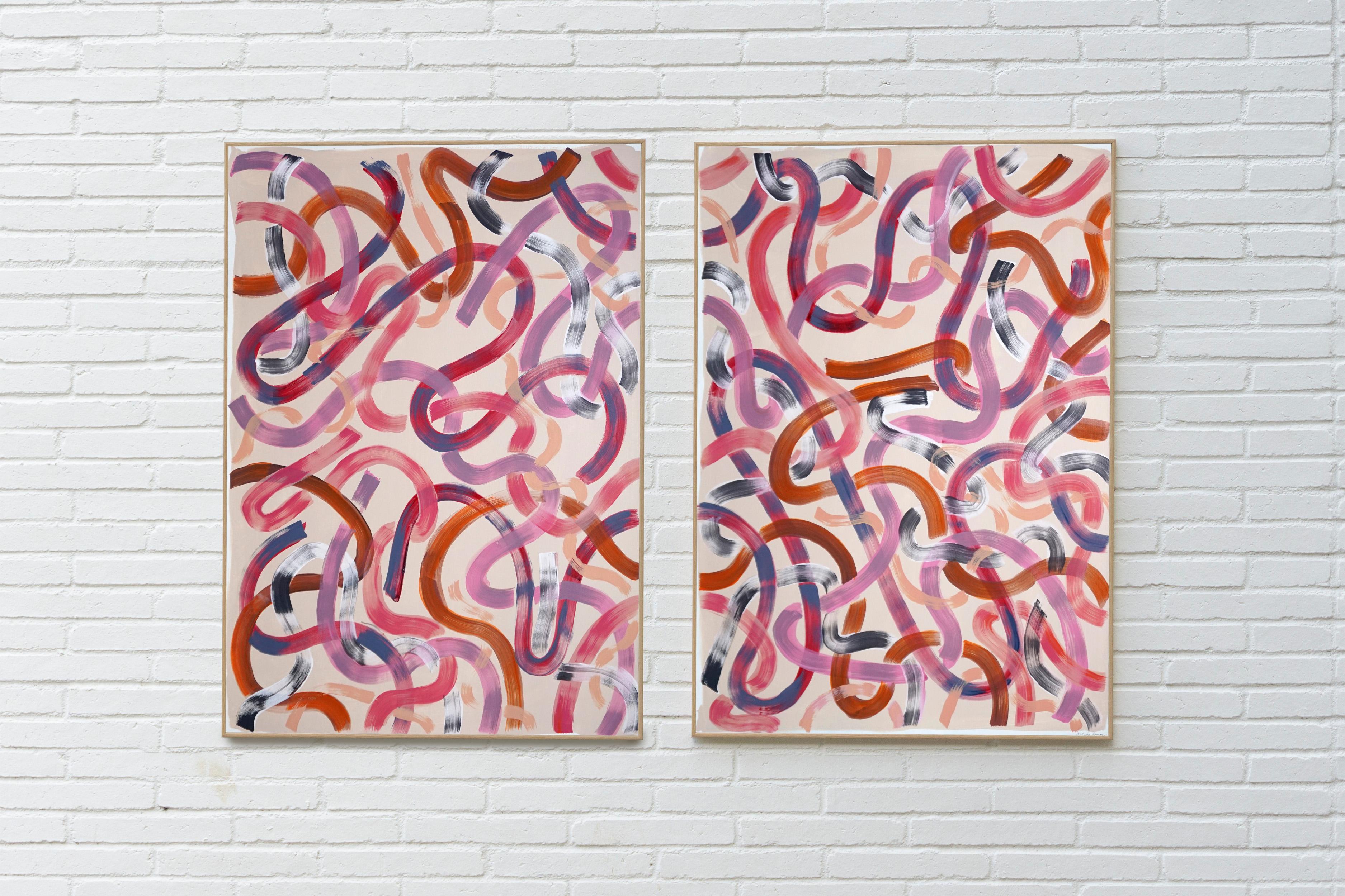 Abstract Painting Diptych of Warm Pink Ribbons, Brushstrokes Lines on Soft Pink 6