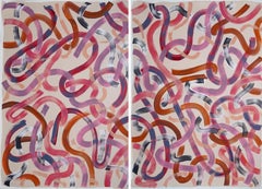 Abstract Painting Diptych of Warm Pink Ribbons, Brushstrokes Lines on Soft Pink