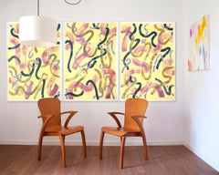 Abstract Painting Triptych of Yellow Curls, Purple and Pink Organic Brushstrokes