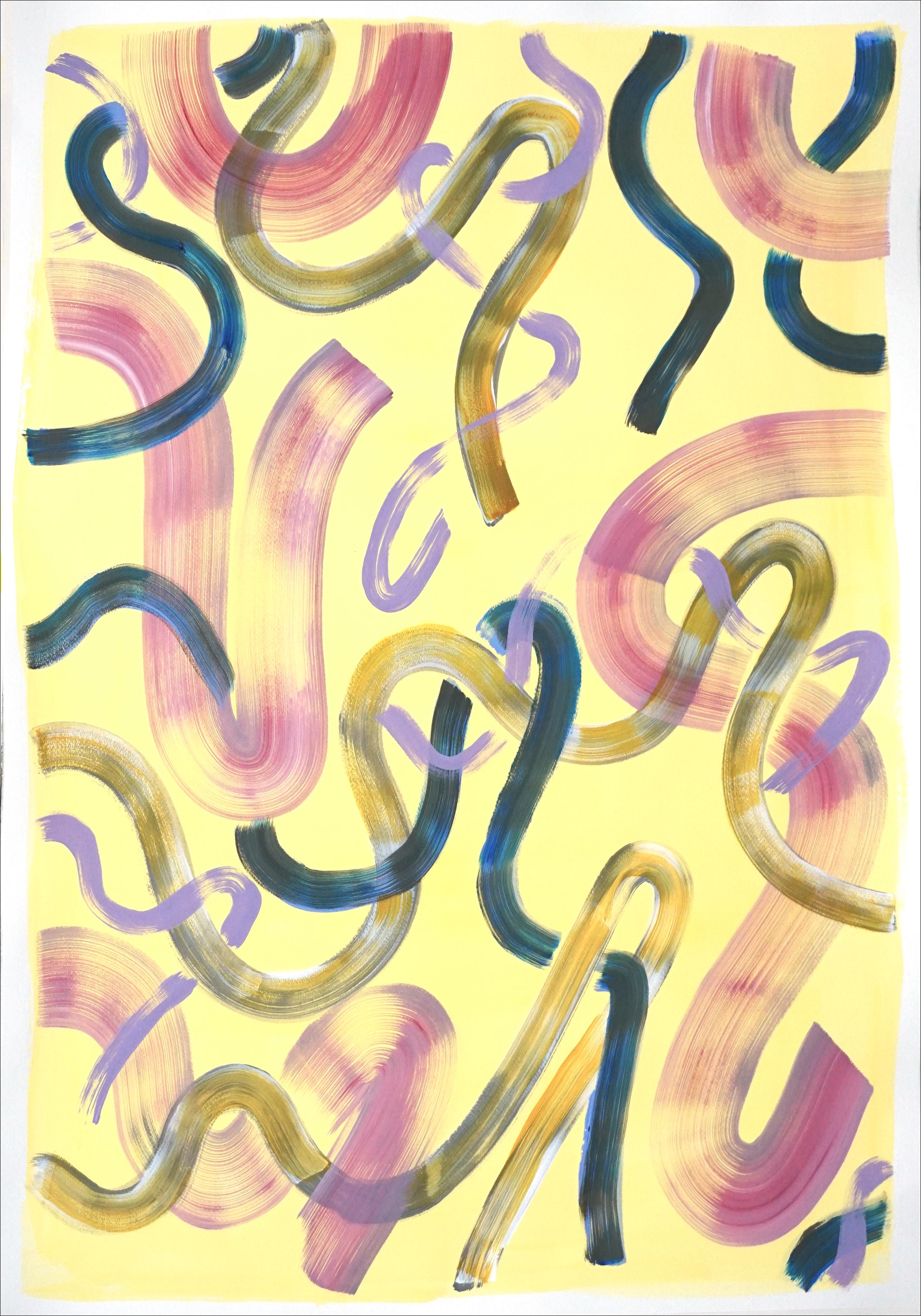 Abstraktes Gemälde, Triptychon aus gelben Eierschalen-Gemälde, lila organische Pinselstriche (Gelb), Abstract Painting, von Natalia Roman