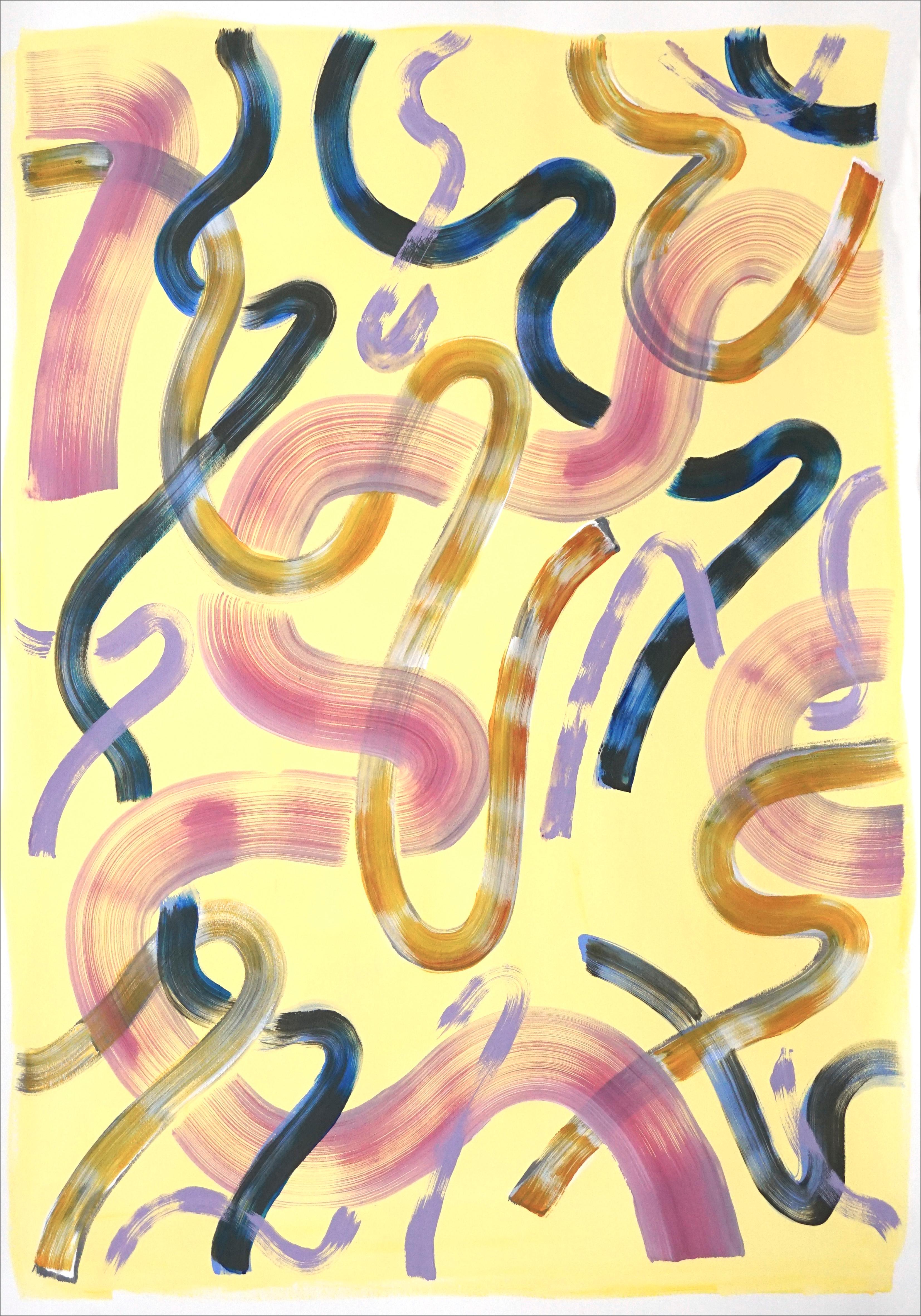 Abstraktes Gemälde, Triptychon aus gelben Eierschalen-Gemälde, lila organische Pinselstriche im Angebot 1