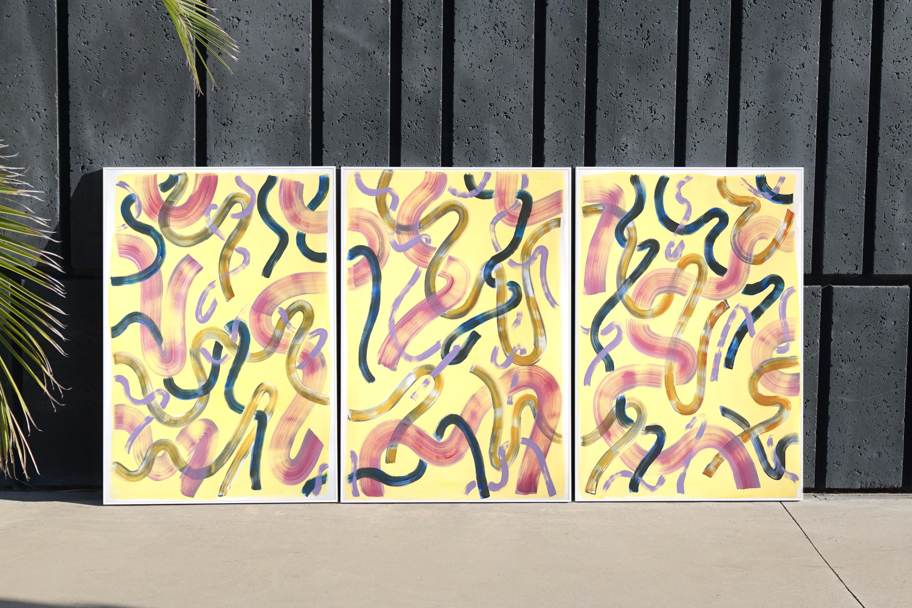 Abstract Painting Triptych of Eggshell Yellow Curls, Purple Organic Brushstrokes For Sale 3