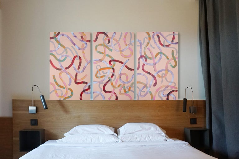 Abstract Triptych of Soothing Peach Lines, Acrylic Painting on Canvas, Warm  - Beige Abstract Painting by Natalia Roman