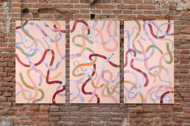 Abstract Triptych of Soothing Peach Lines, Acrylic Painting on Canvas, Warm  For Sale 4
