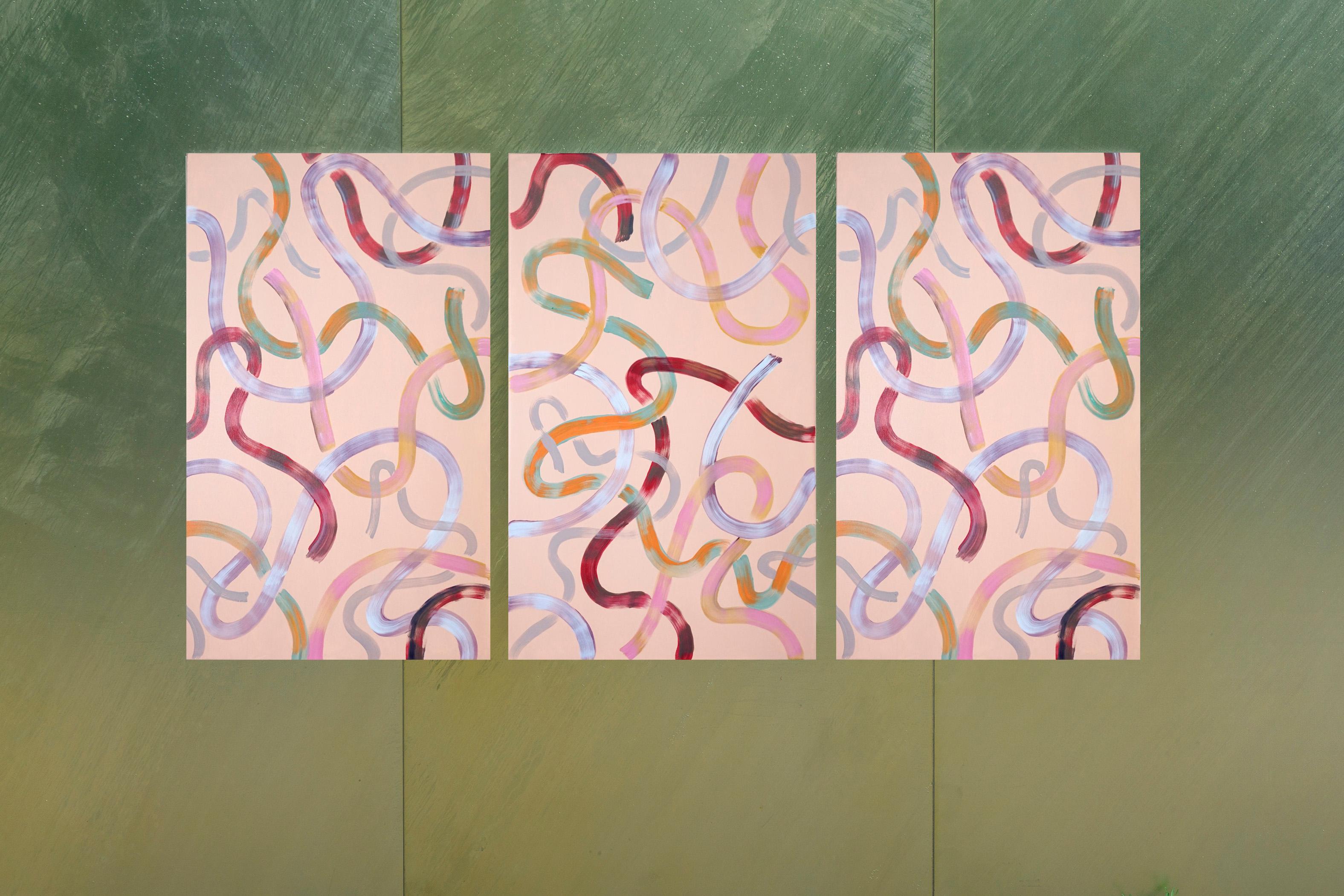 Abstract Triptych of Soothing Peach Lines, Acrylic Painting on Canvas, Warm  2