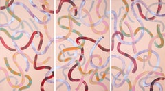 Abstract Triptych of Soothing Peach Lines, Acrylic Painting on Canvas, Warm 