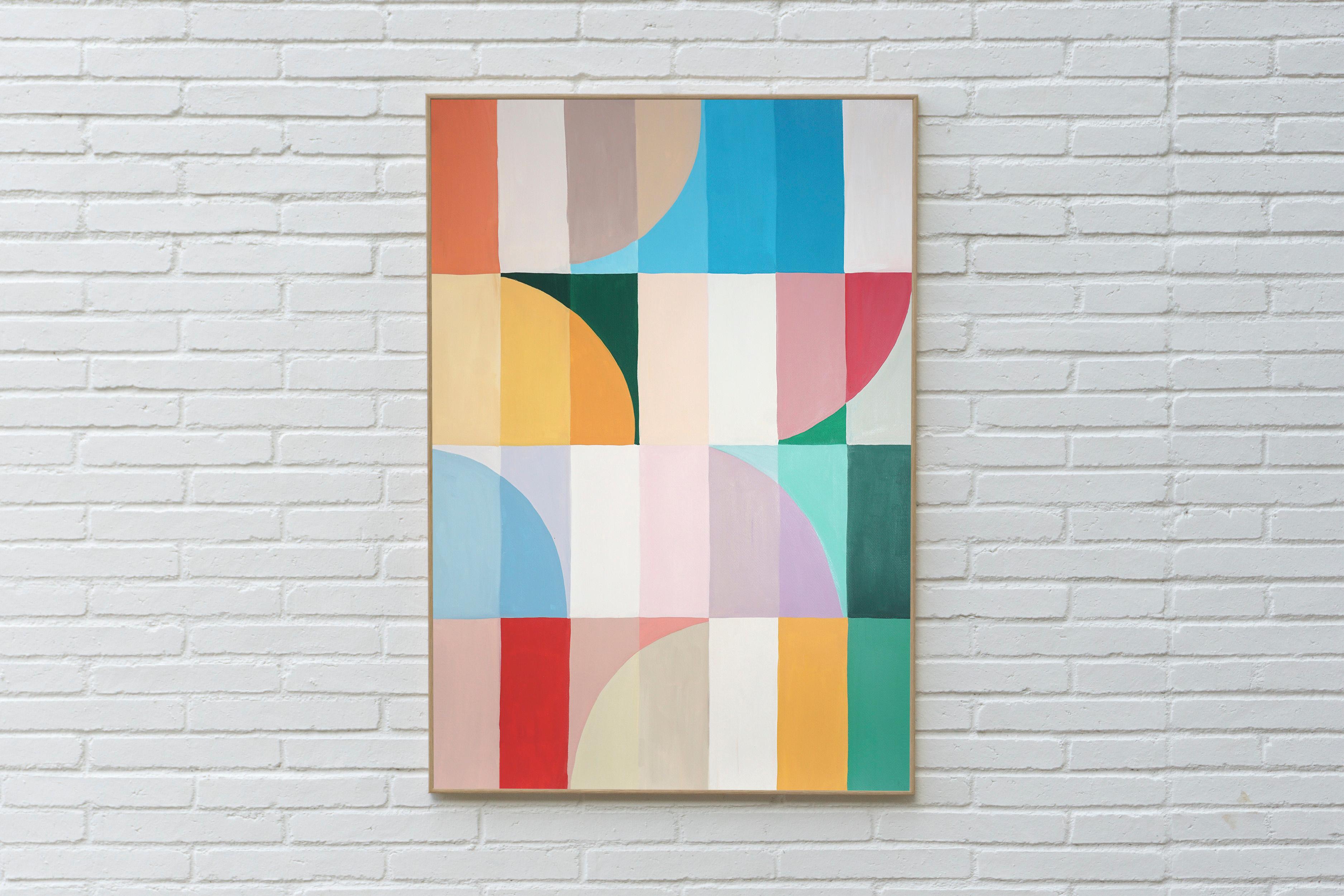 Abstract Vines, Geometric Bauhaus Arches, Gridded Forma in Vivid Tones on Paper - Painting by Natalia Roman