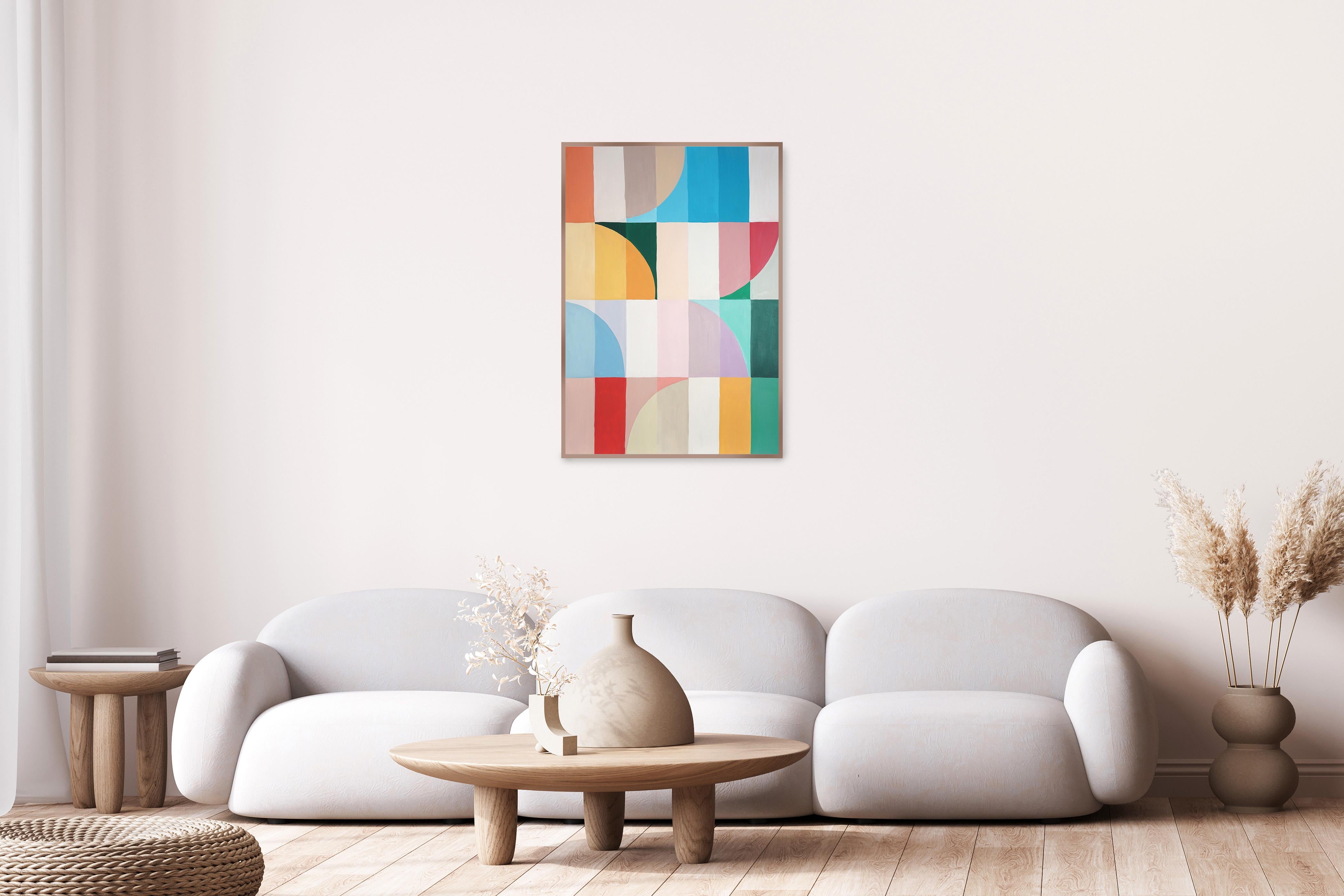 Abstract Vines, Geometric Bauhaus Arches, Gridded Forma in Vivid Tones on Paper - Contemporary Painting by Natalia Roman