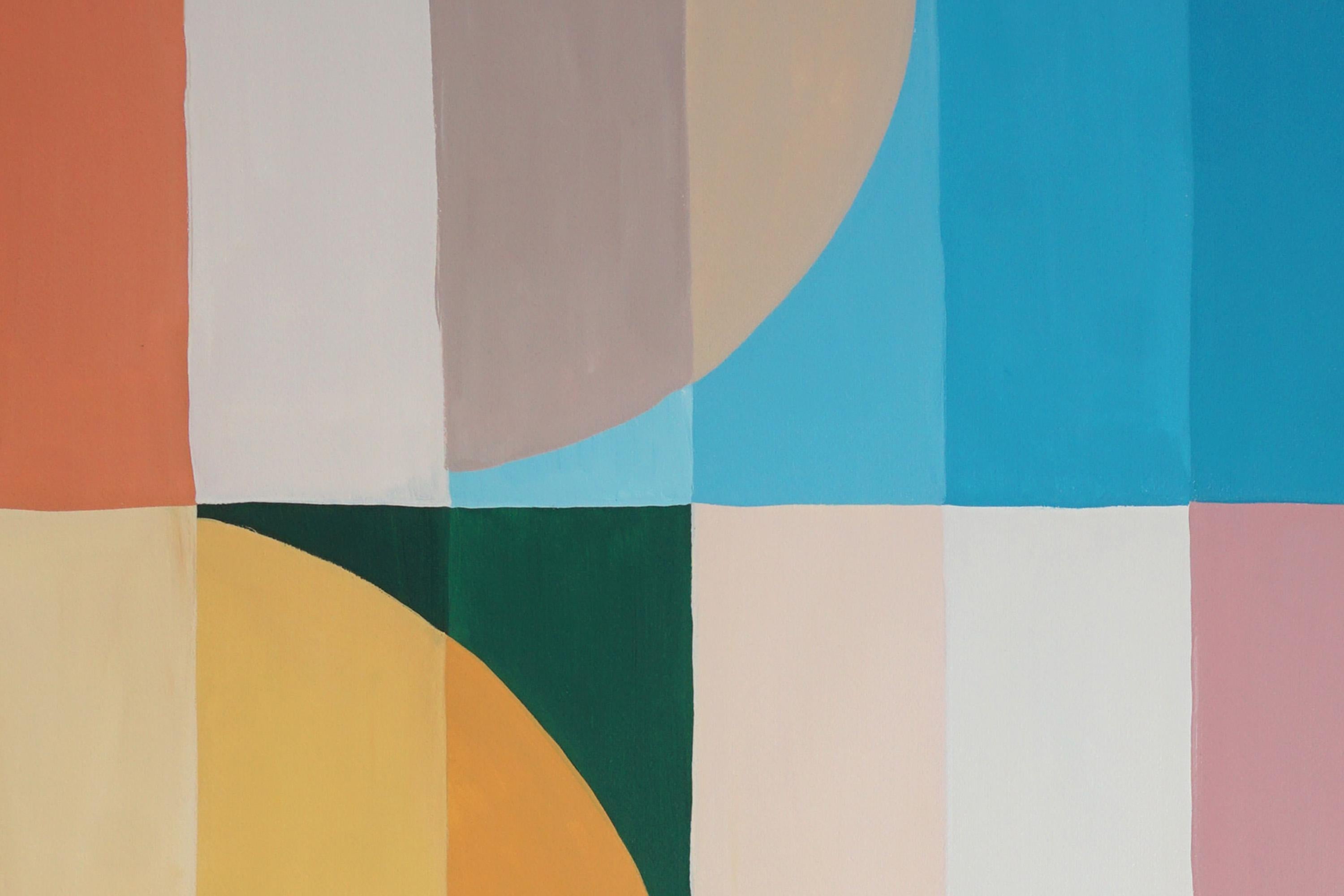 Abstract Vines, Geometric Bauhaus Arches, Gridded Forma in Vivid Tones on Paper - Beige Abstract Painting by Natalia Roman