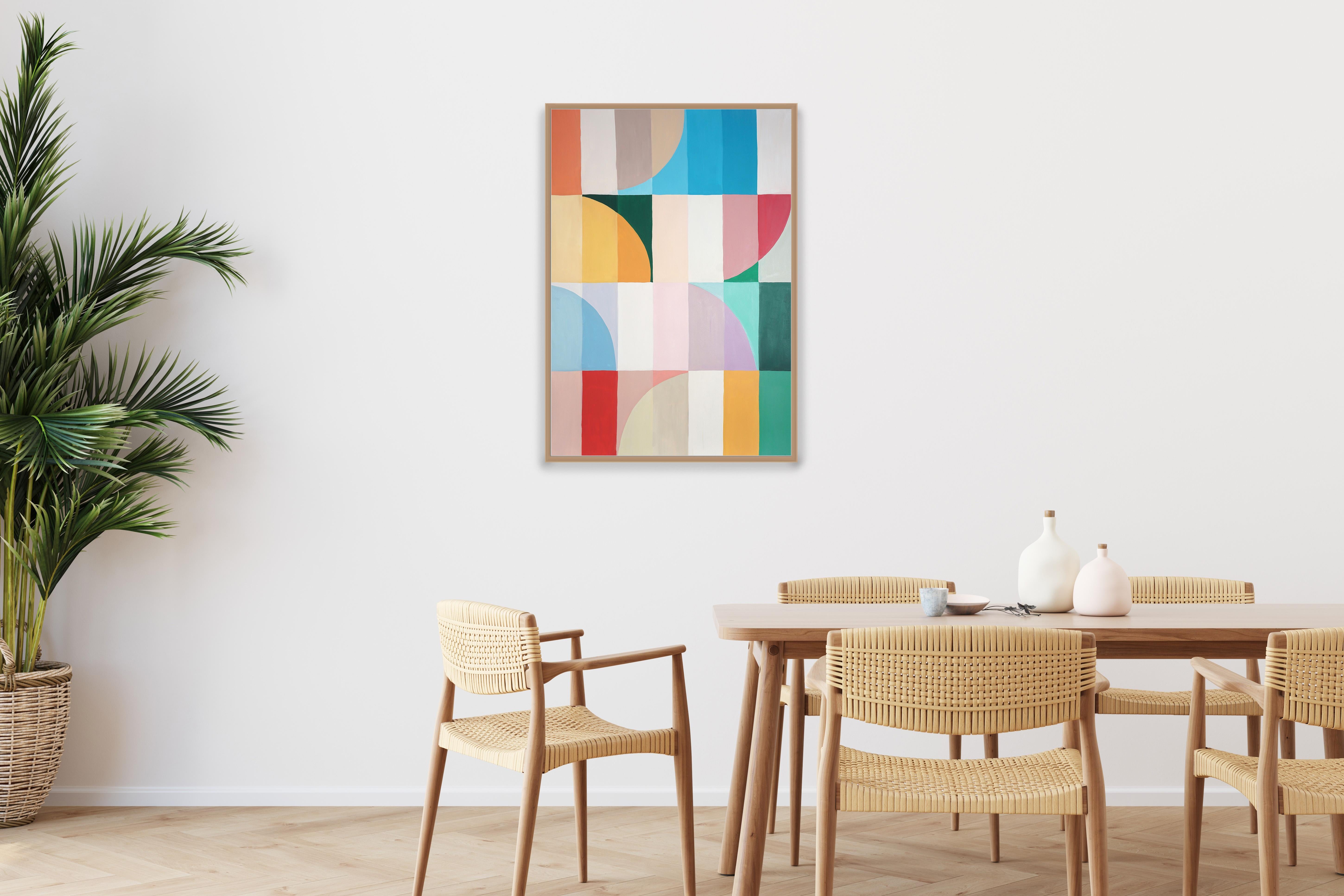 Abstract Vines by natalia Roman channels the spirit of Bauhaus with a modern sensibility, balancing geometry, symmetry, and refined color interaction. This composition is structured through intersecting arcs and gridded forms, where soft curves meet