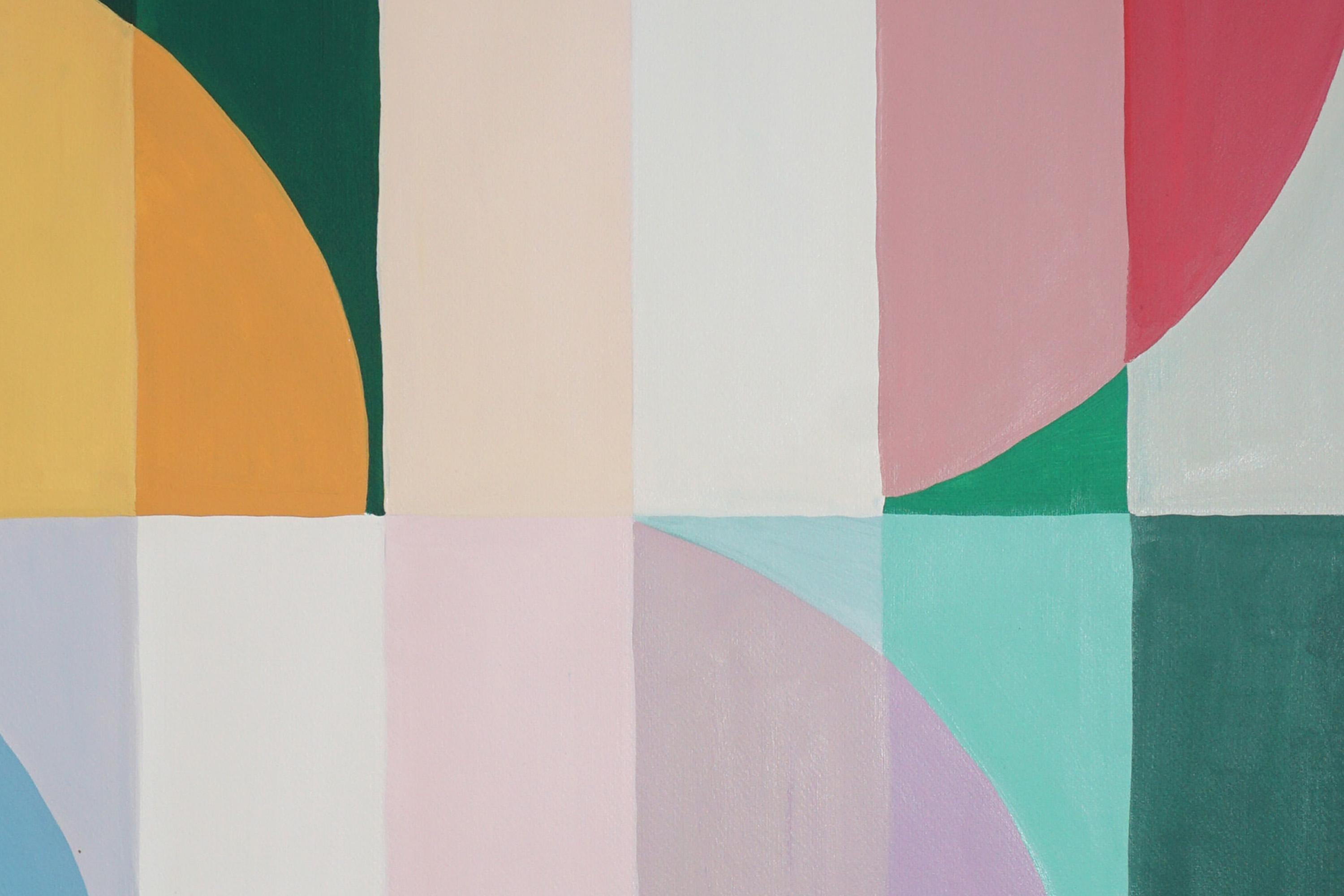 Abstract Vines, Geometric Bauhaus Arches, Gridded Forma in Vivid Tones on Paper For Sale 1