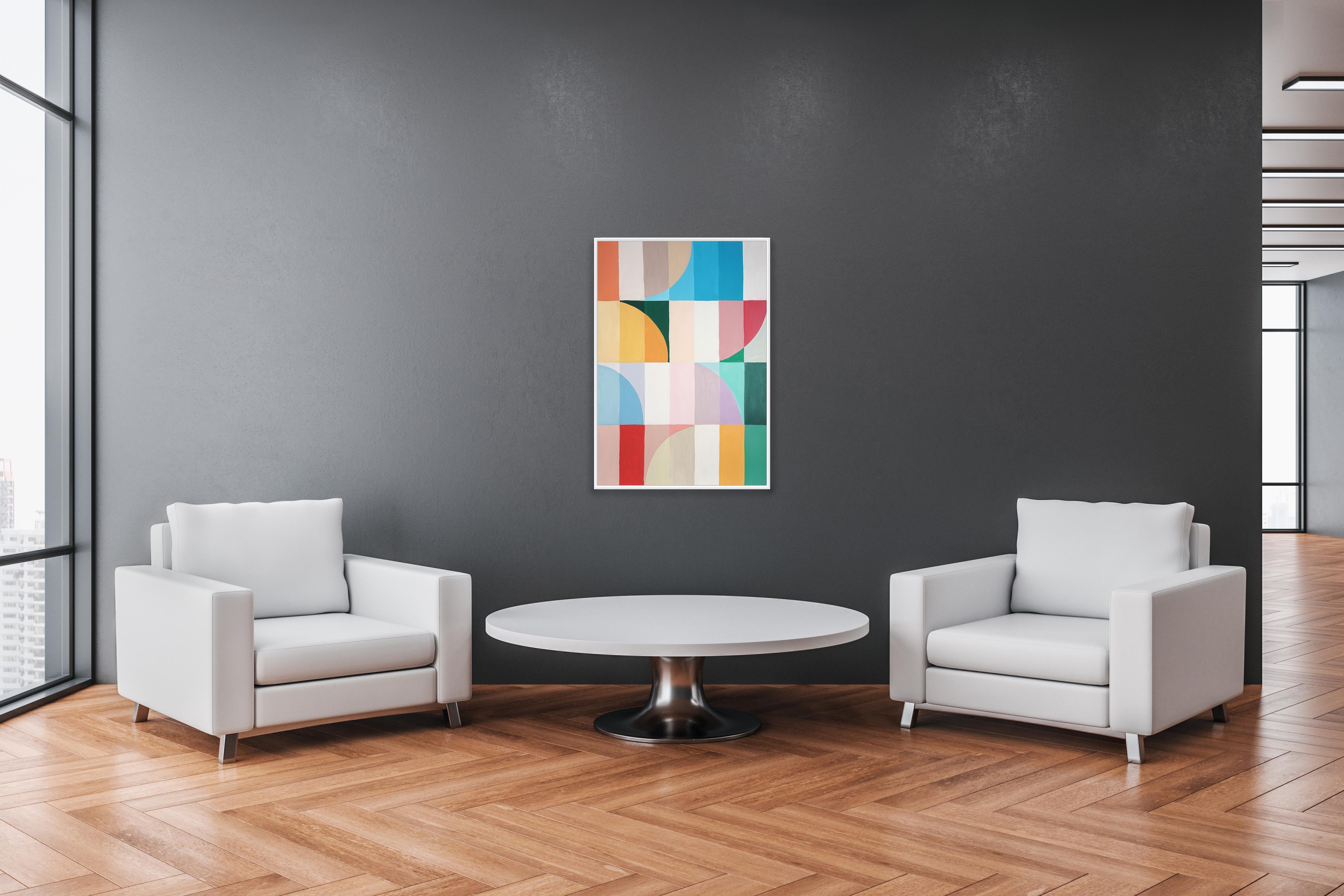 Abstract Vines, Geometric Bauhaus Arches, Gridded Forma in Vivid Tones on Paper For Sale 2
