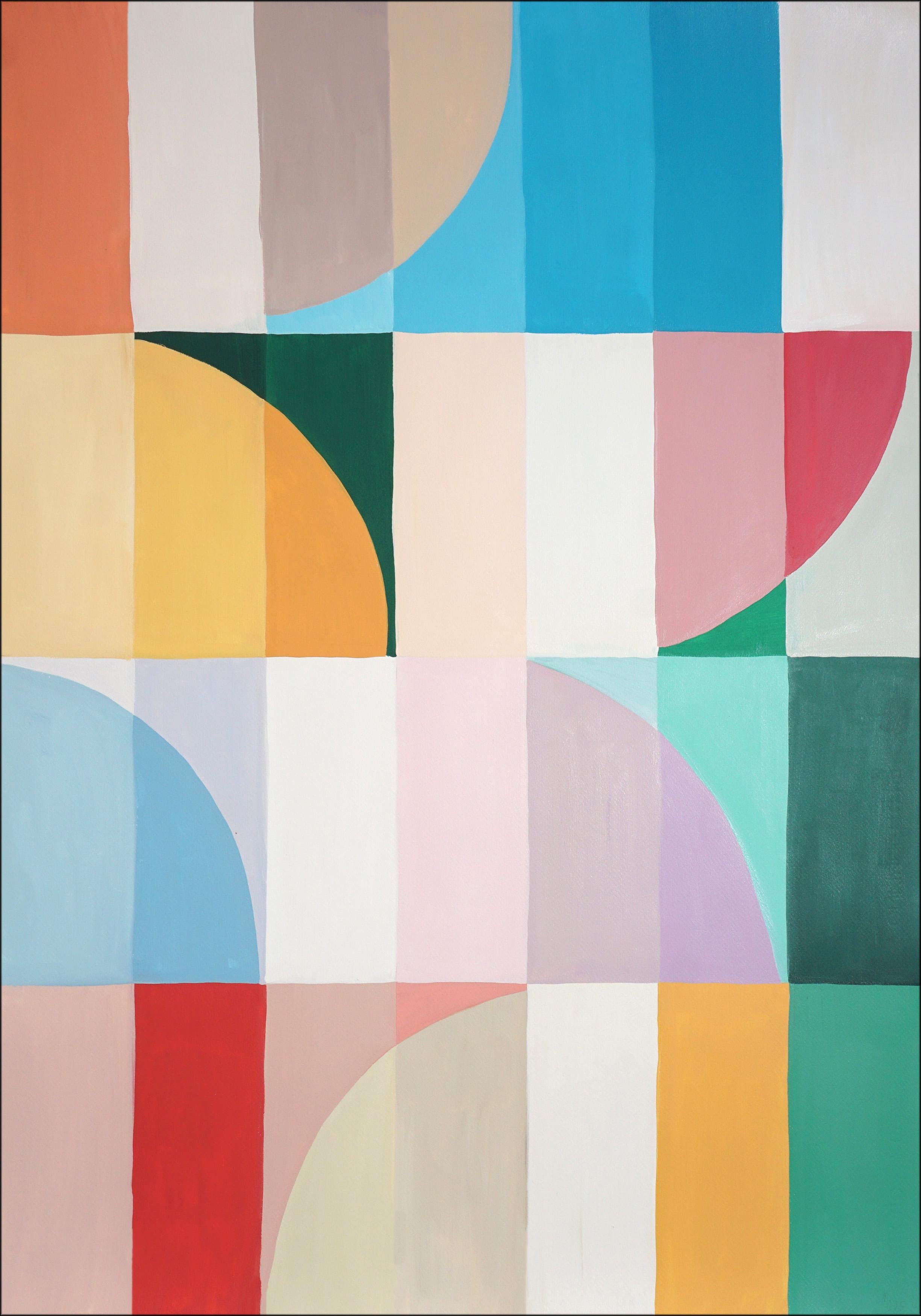 Natalia Roman Abstract Painting - Abstract Vines, Geometric Bauhaus Arches, Gridded Forma in Vivid Tones on Paper