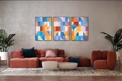 Abstract Wavy Beach, Blue and Yellow, Bauhaus Mosaic Triptych, Geometry Patterns